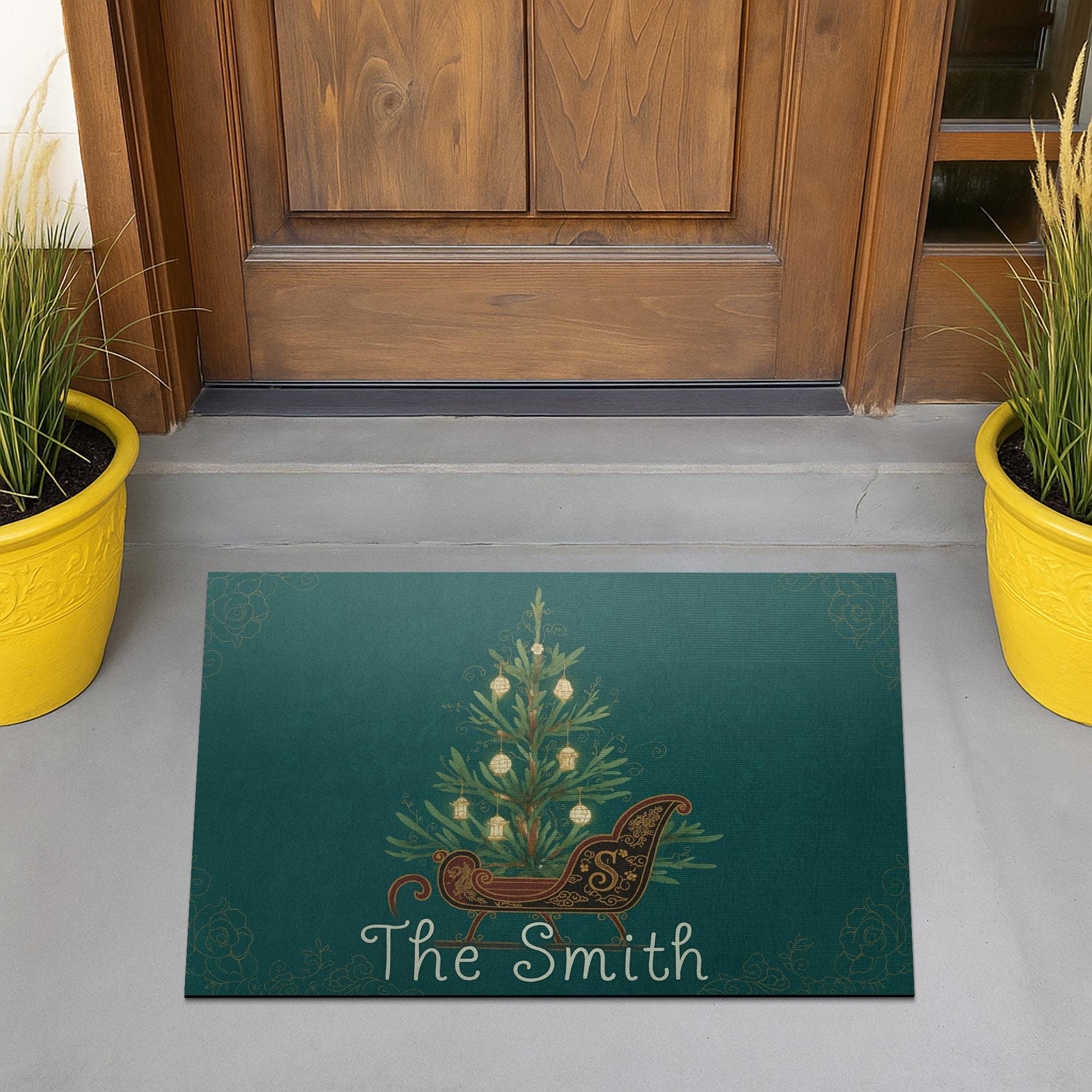Personalized Christmas Doormat – Holiday Entry Rug with Family Name