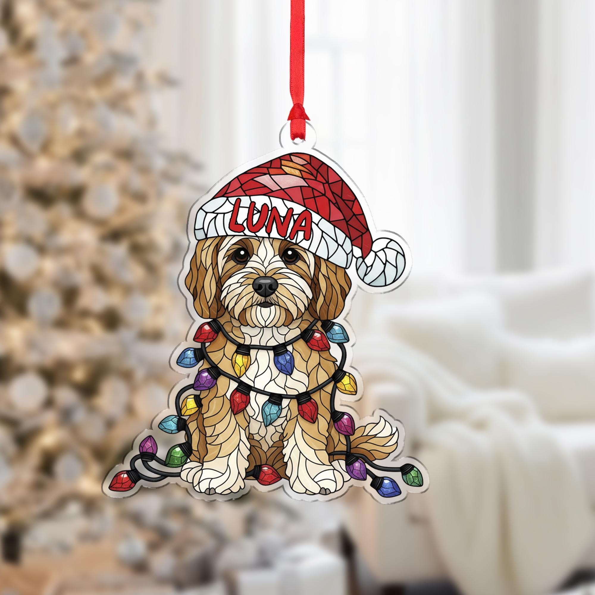 Cavapoo Christmas Ornament – Personalized Dog Decoration with Santa Hat & Lights