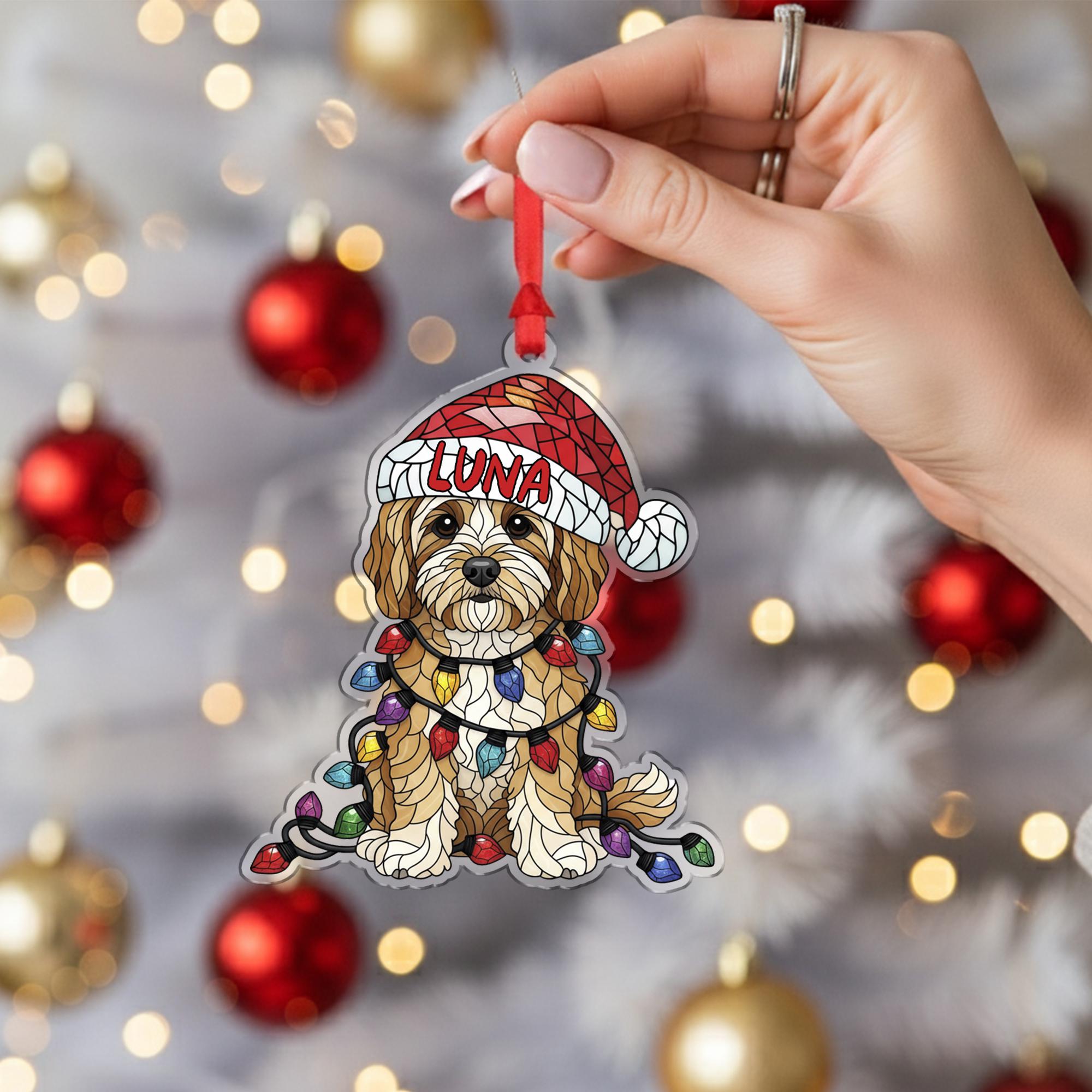 Cavapoo Christmas Ornament – Personalized Dog Decoration with Santa Hat & Lights