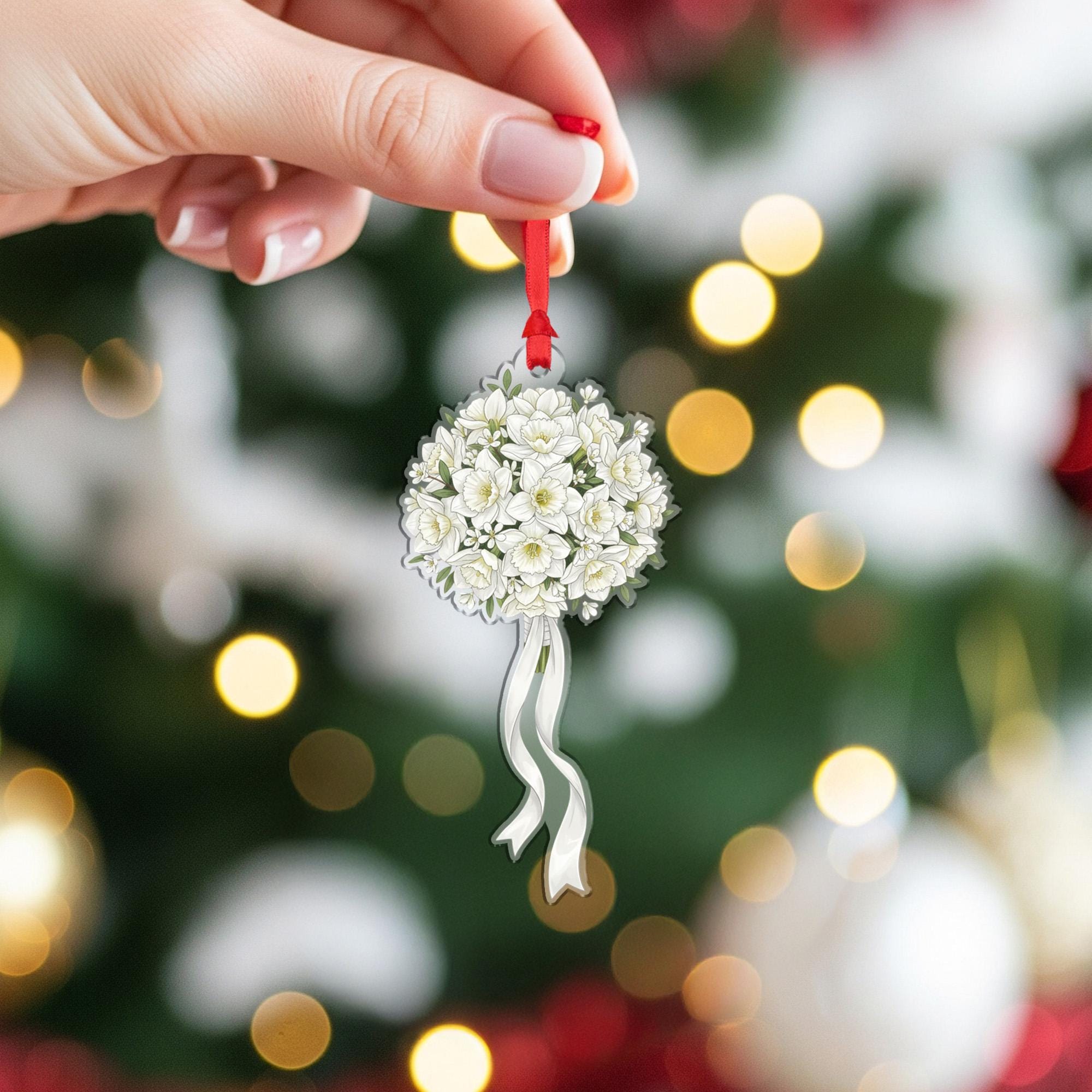 Narcissus Bouquet Christmas Ornament – White Flowers with Ribbon Holiday Decoration