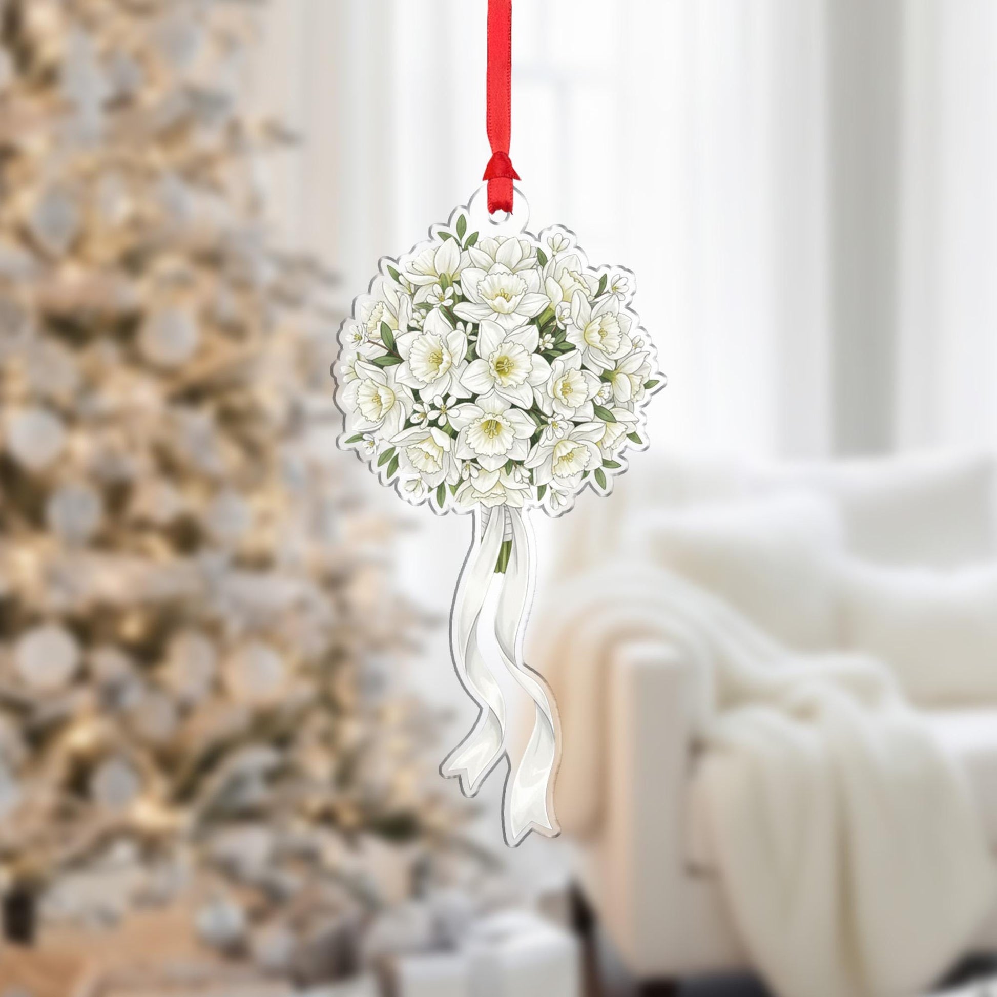 Narcissus Bouquet Christmas Ornament – White Flowers with Ribbon Holiday Decoration
