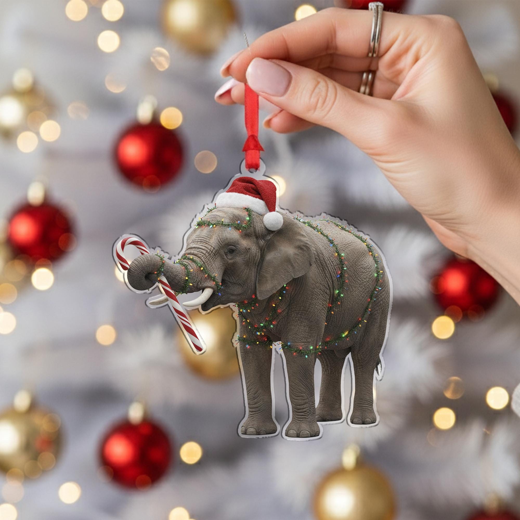 Elephant Christmas Ornament – Santa Hat with Candy Cane and Holiday Lights Decoration