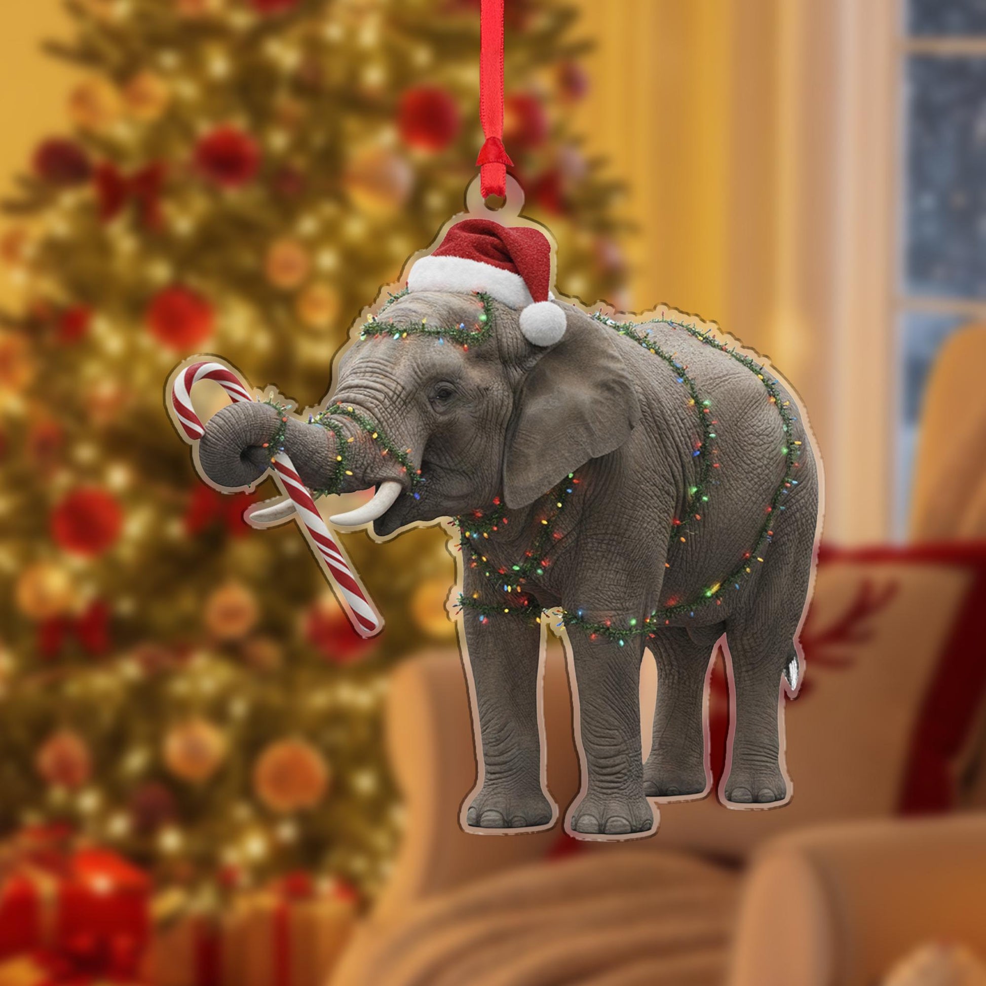 Elephant Christmas Ornament – Santa Hat with Candy Cane and Holiday Lights Decoration