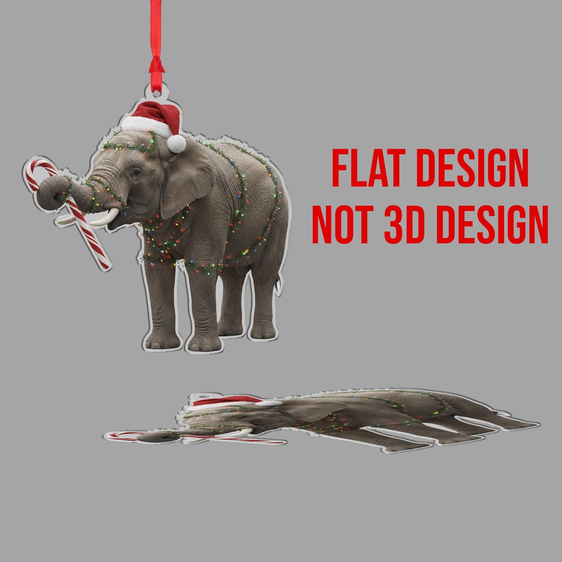 Elephant Christmas Ornament – Santa Hat with Candy Cane and Holiday Lights Decoration