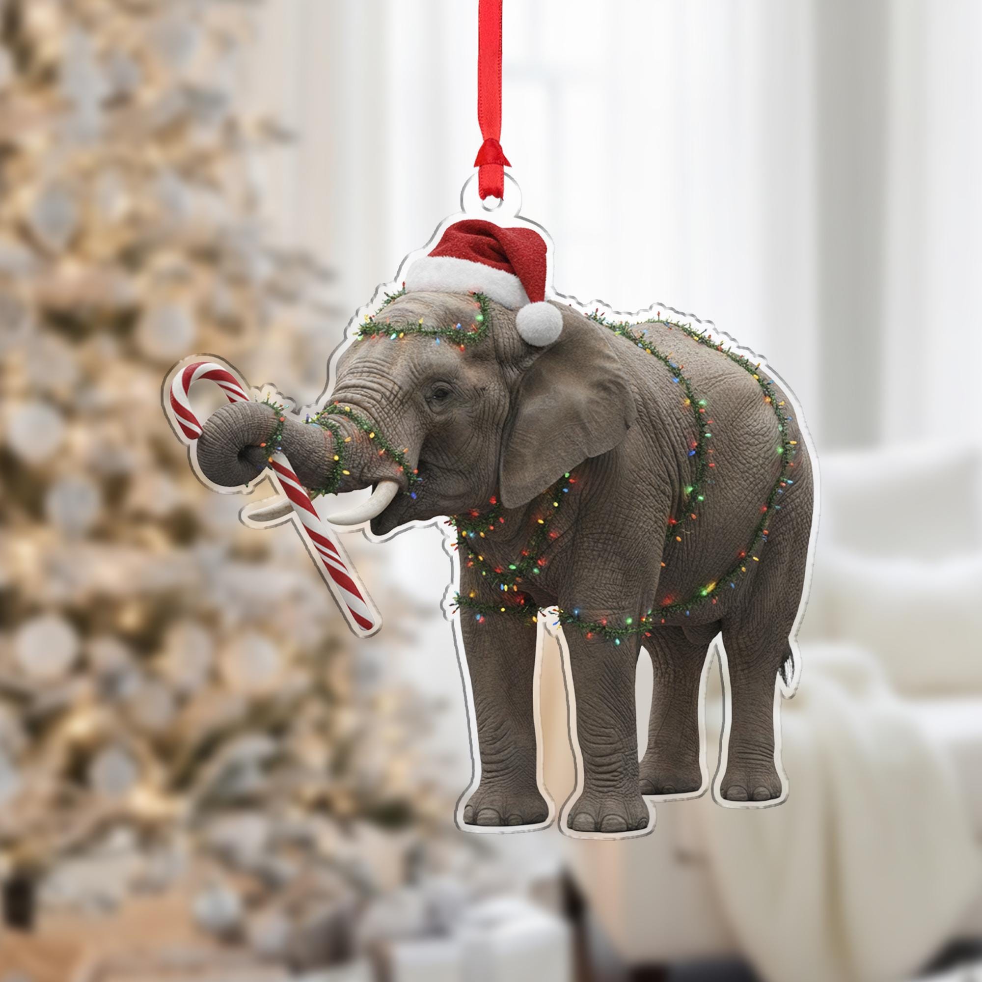 Elephant Christmas Ornament – Santa Hat with Candy Cane and Holiday Lights Decoration