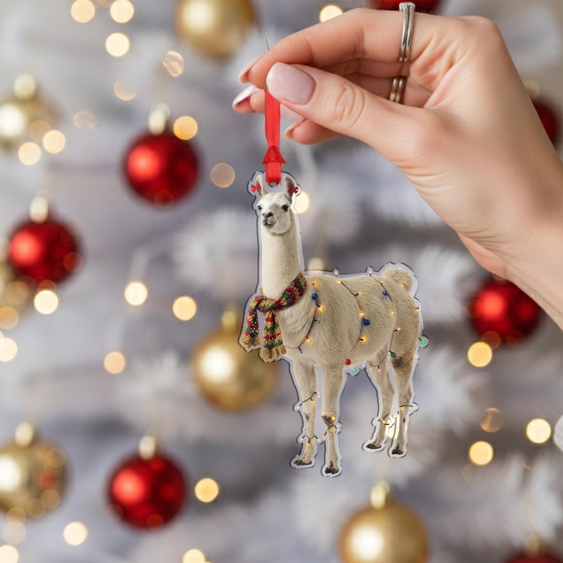 Llama Christmas Ornament – Holiday Tree Decoration with Scarf and String Lights