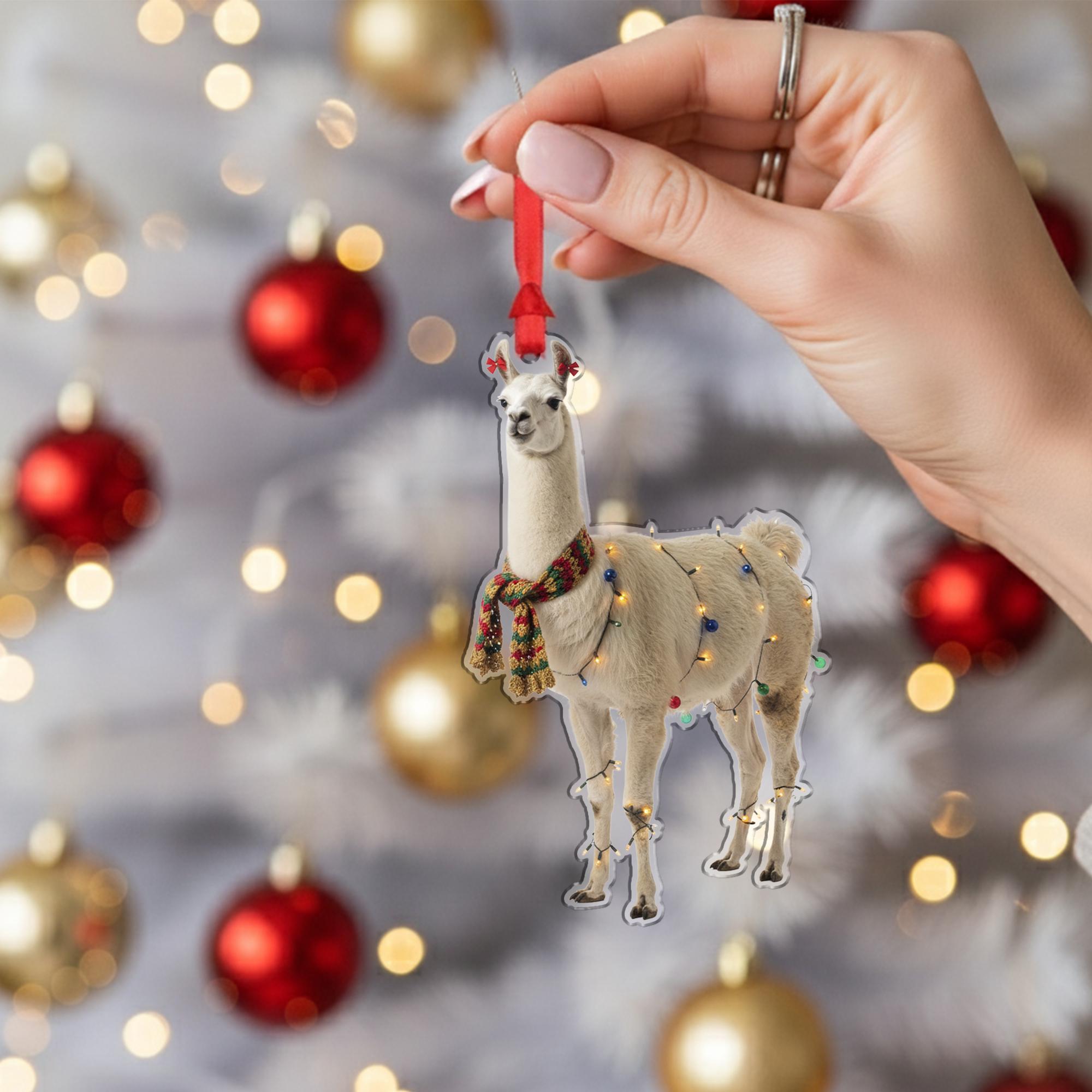 Llama Christmas Ornament – Holiday Tree Decoration with Scarf and String Lights