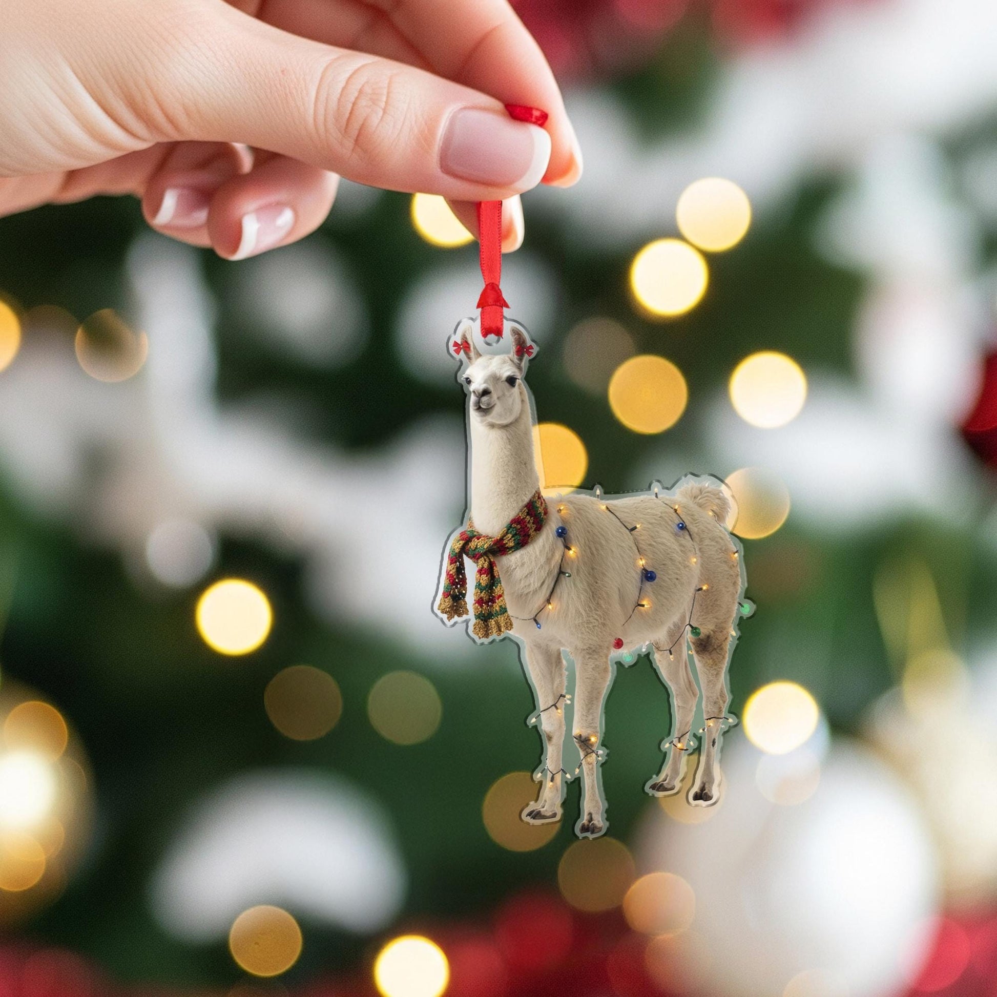 Llama Christmas Ornament – Holiday Tree Decoration with Scarf and String Lights