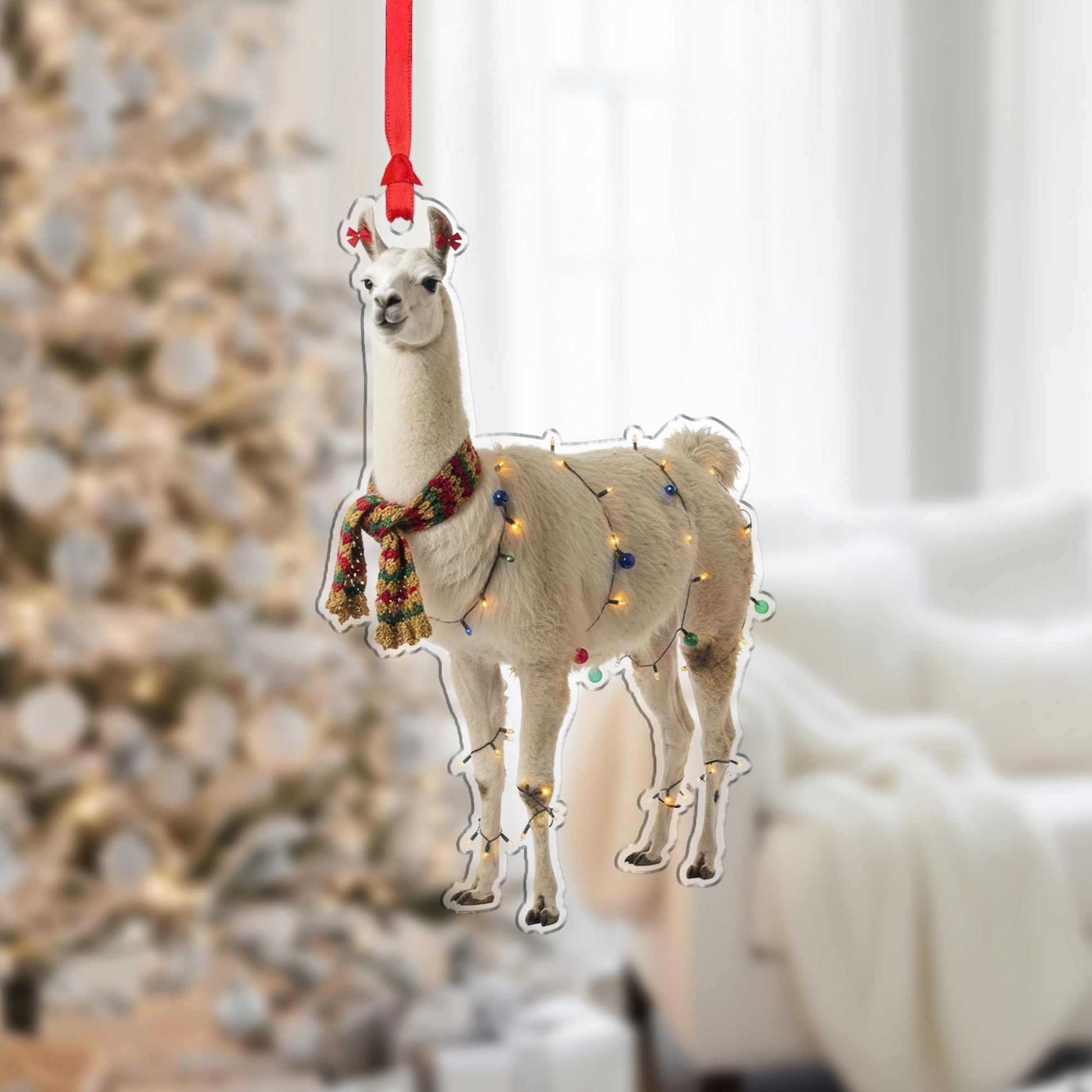 Llama Christmas Ornament – Holiday Tree Decoration with Scarf and String Lights