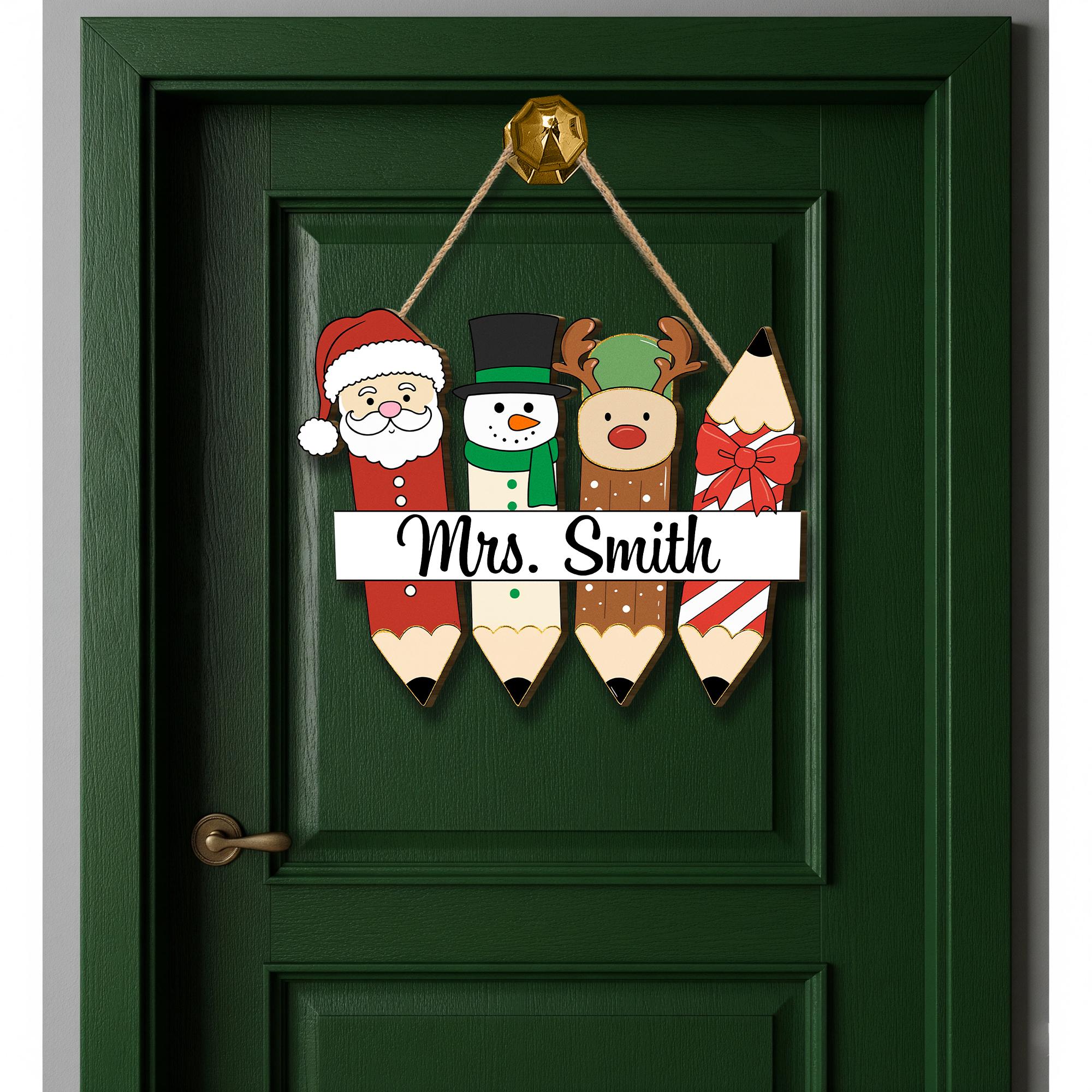 Personalized Teacher Christmas Sign – Wooden Pencil Santa Snowman Reindeer Door Hanger