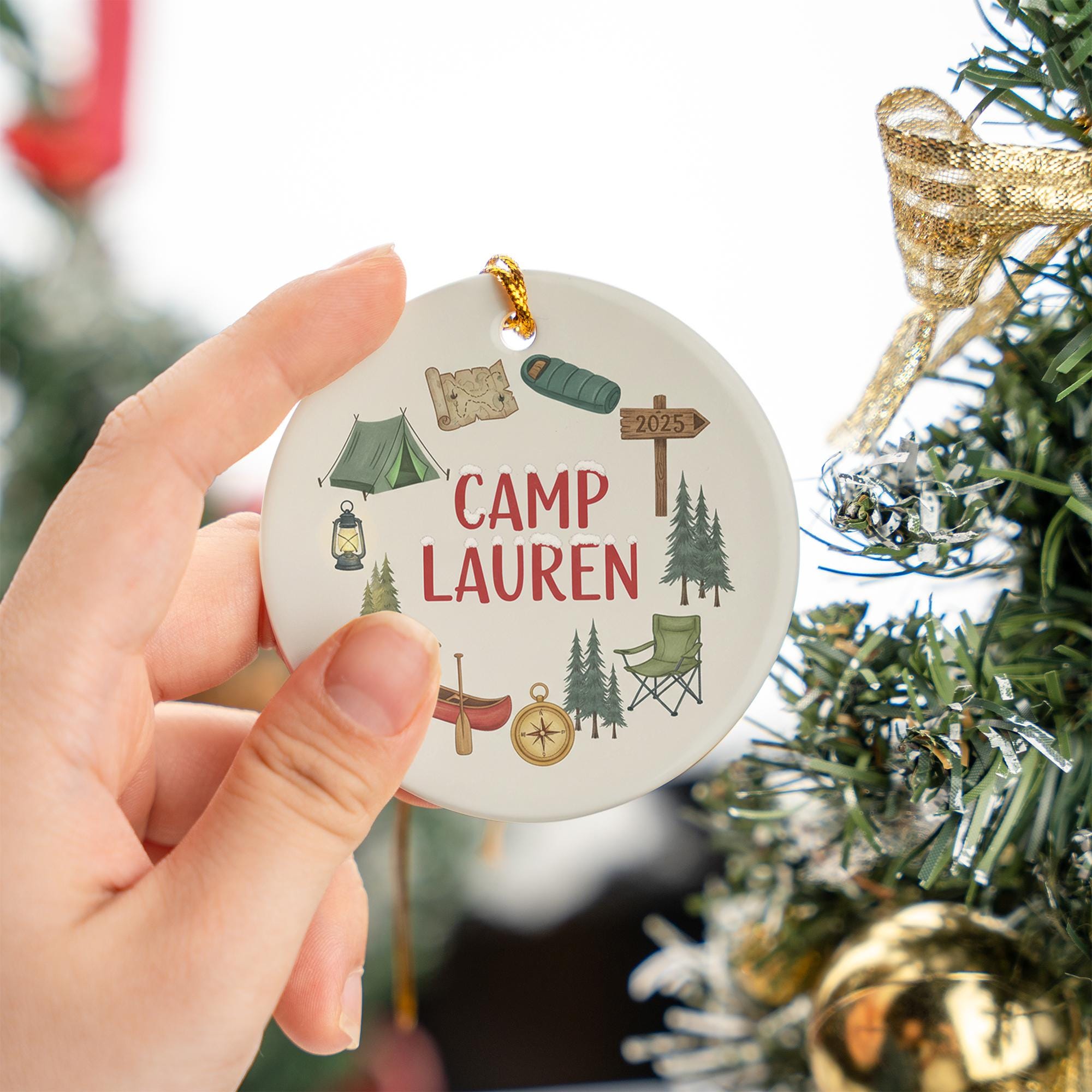 Personalized Ceramic Ornament – Camping Theme with Tent, Canoe, and Compass Design