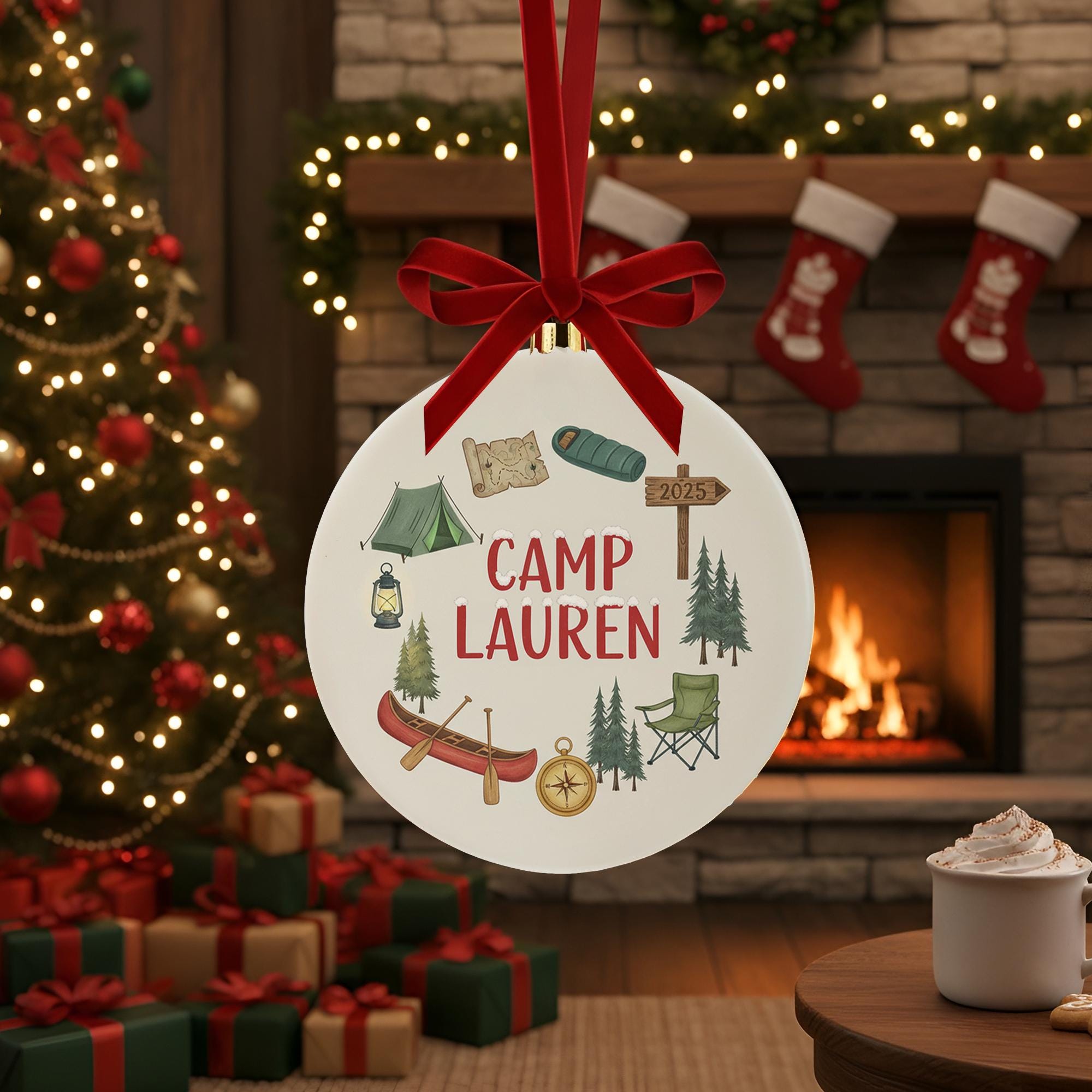 Personalized Ceramic Ornament – Camping Theme with Tent, Canoe, and Compass Design