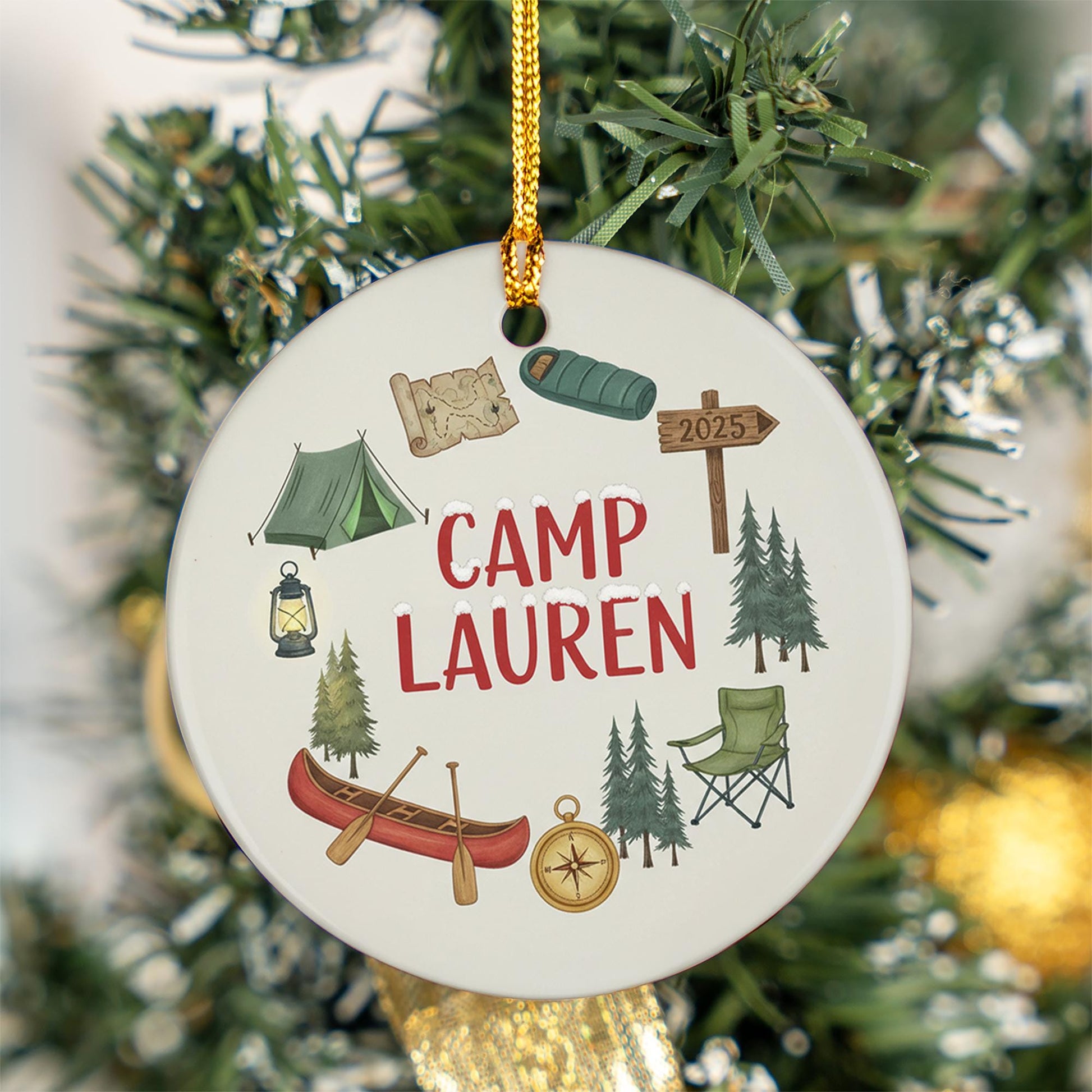 Personalized Ceramic Ornament – Camping Theme with Tent, Canoe, and Compass Design