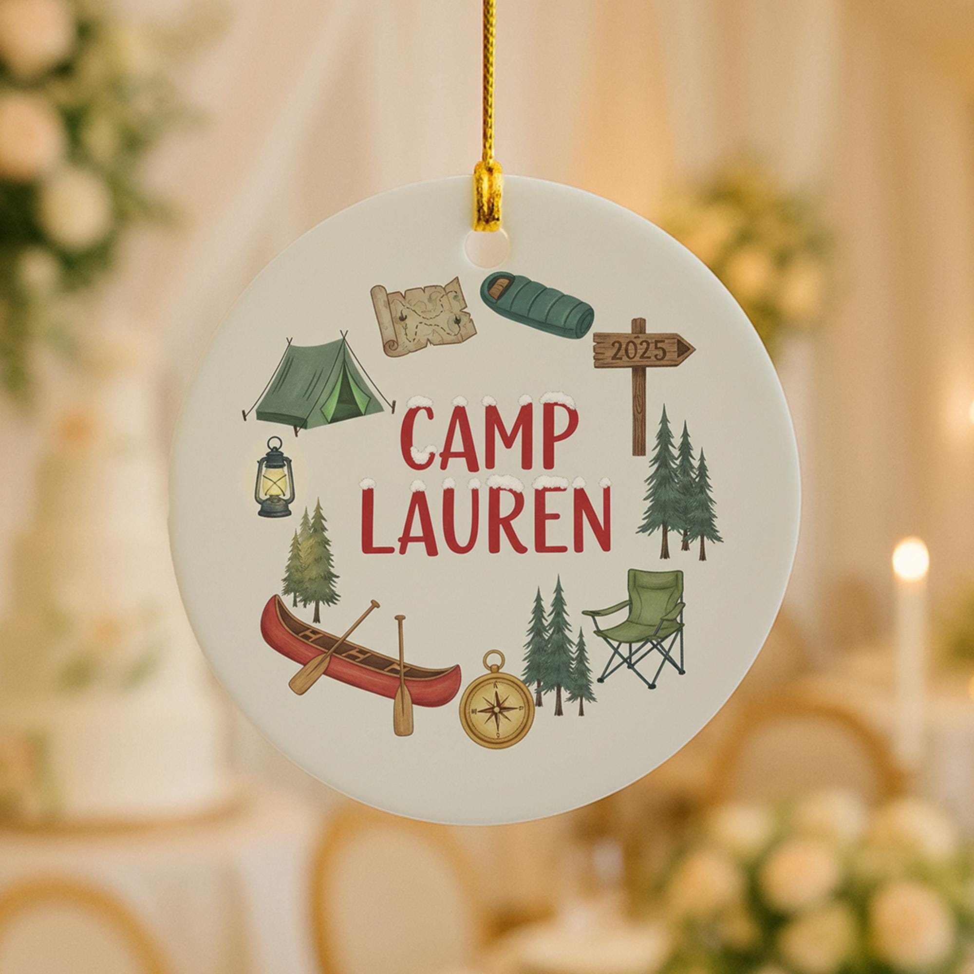 Personalized Ceramic Ornament – Camping Theme with Tent, Canoe, and Compass Design