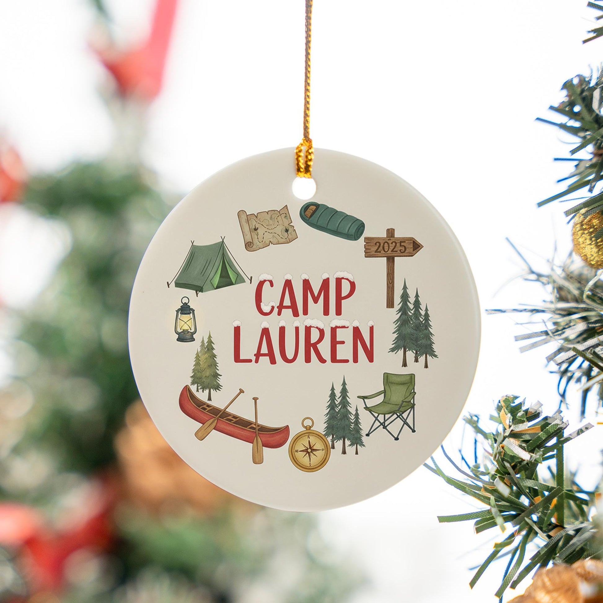 Personalized Ceramic Ornament – Camping Theme with Tent, Canoe, and Compass Design