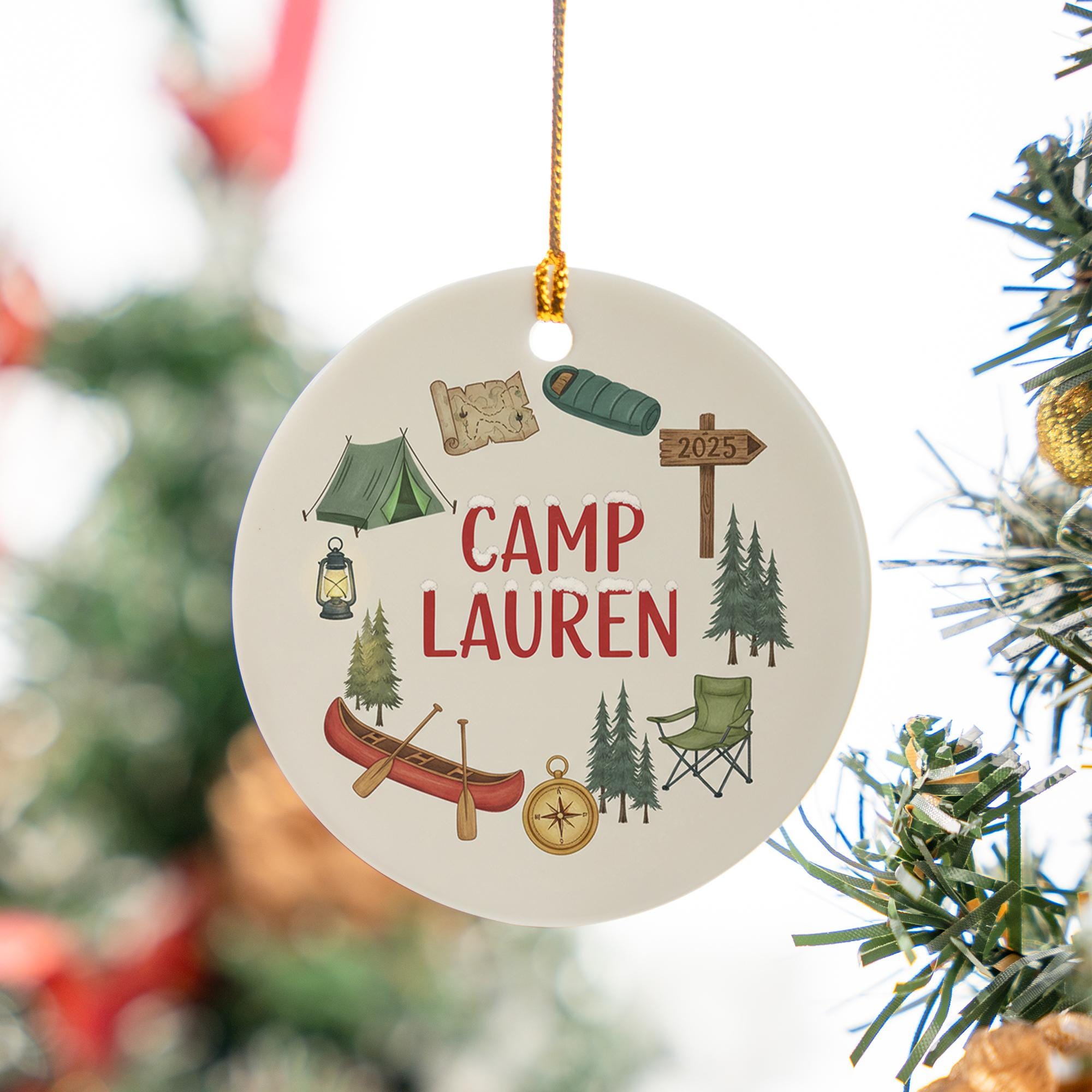 Personalized Ceramic Ornament – Camping Theme with Tent, Canoe, and Compass Design