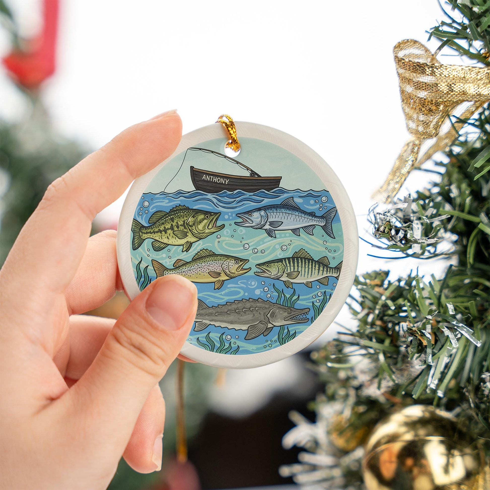 Personalized Ceramic Ornament – Fishing Boat and Freshwater Fish Design Decoration