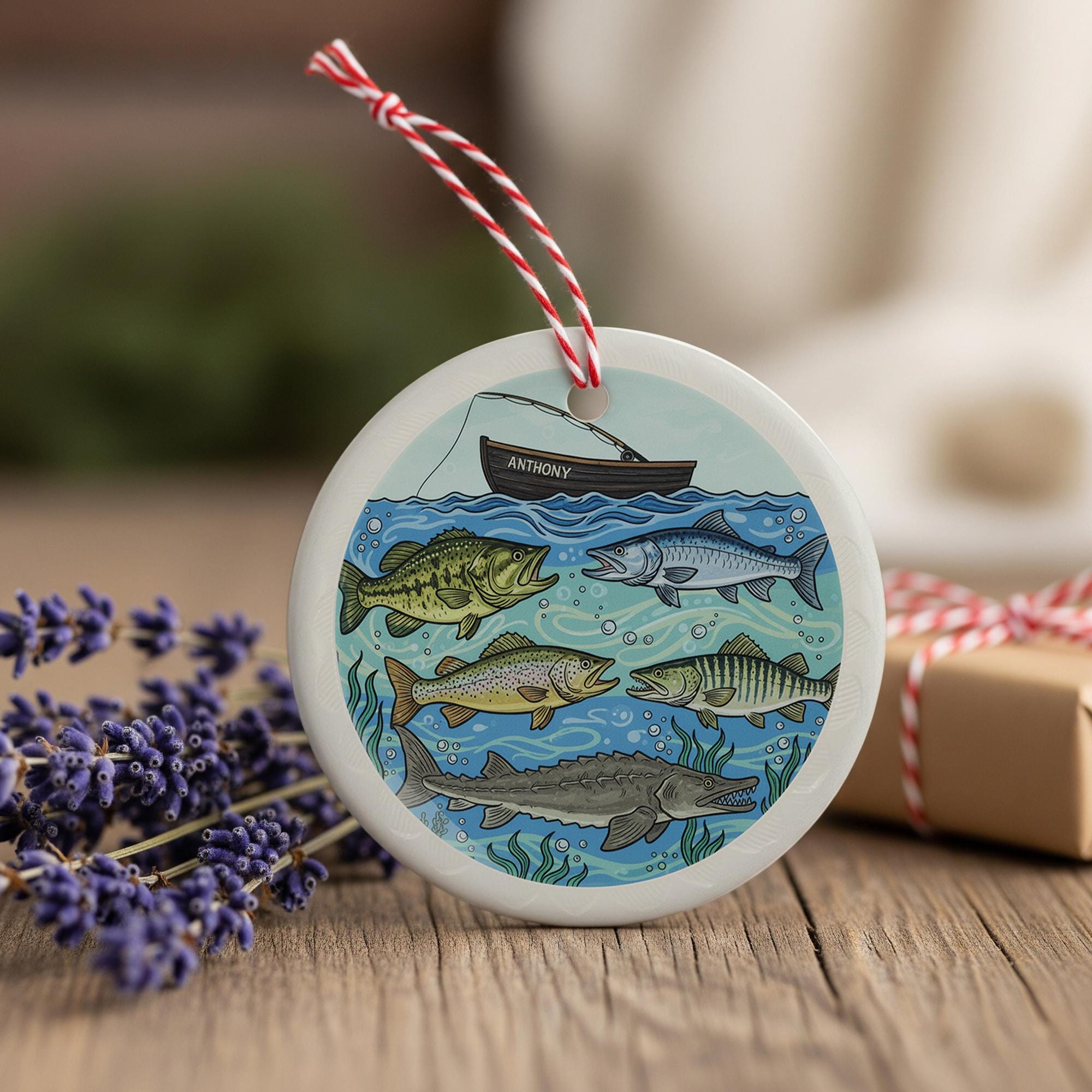 Personalized Ceramic Ornament – Fishing Boat and Freshwater Fish Design Decoration