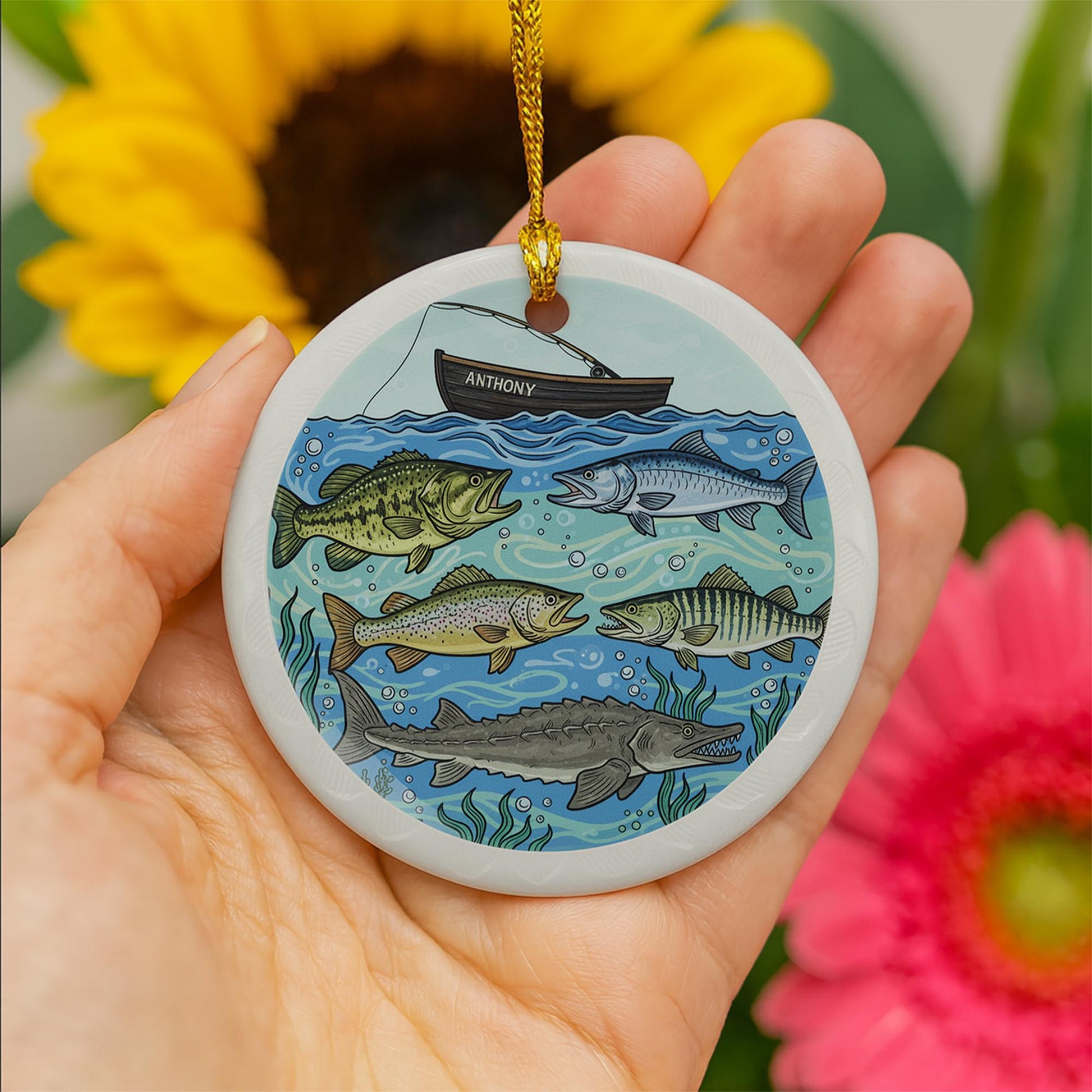 Personalized Ceramic Ornament – Fishing Boat and Freshwater Fish Design Decoration