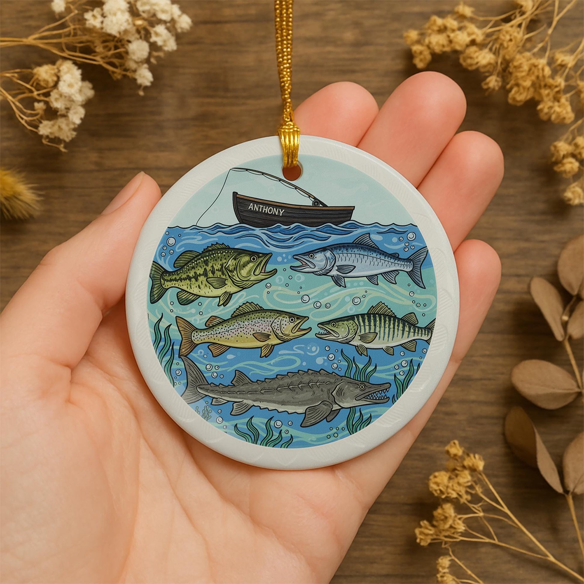 Personalized Ceramic Ornament – Fishing Boat and Freshwater Fish Design Decoration