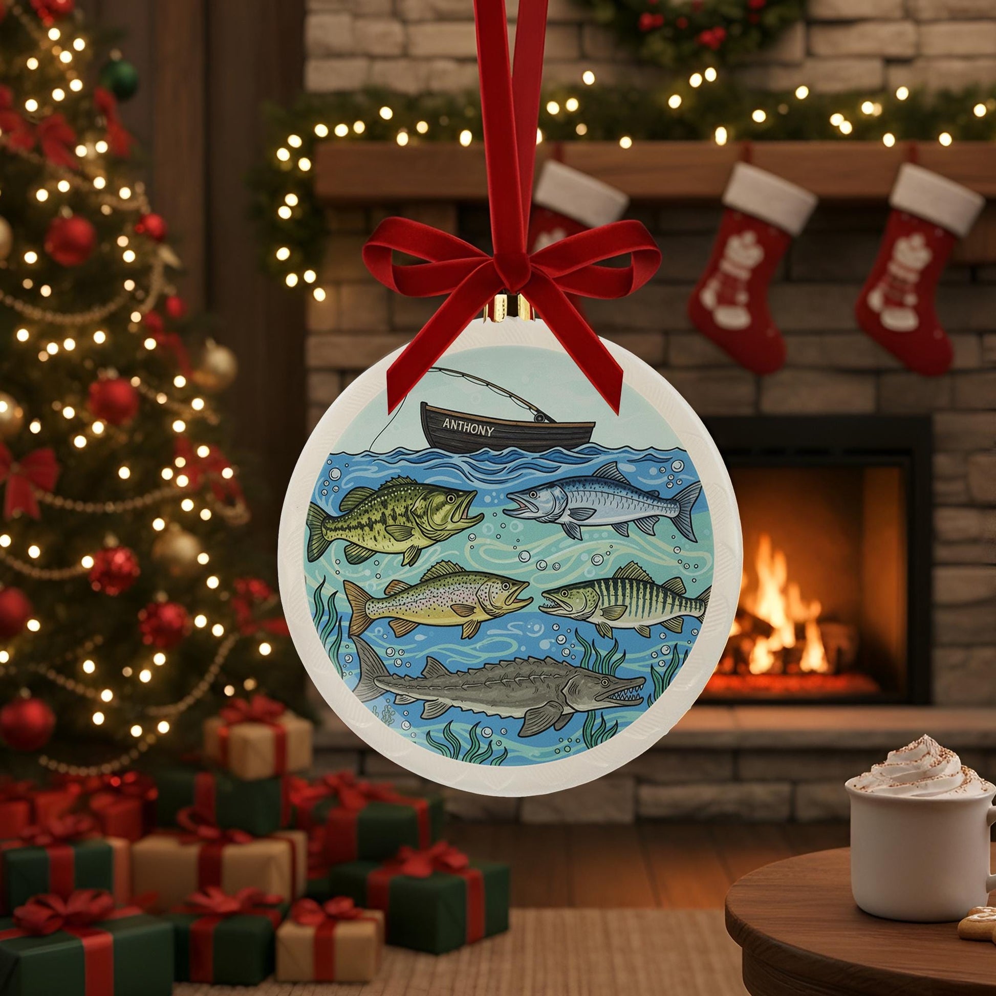 Personalized Ceramic Ornament – Fishing Boat and Freshwater Fish Design Decoration