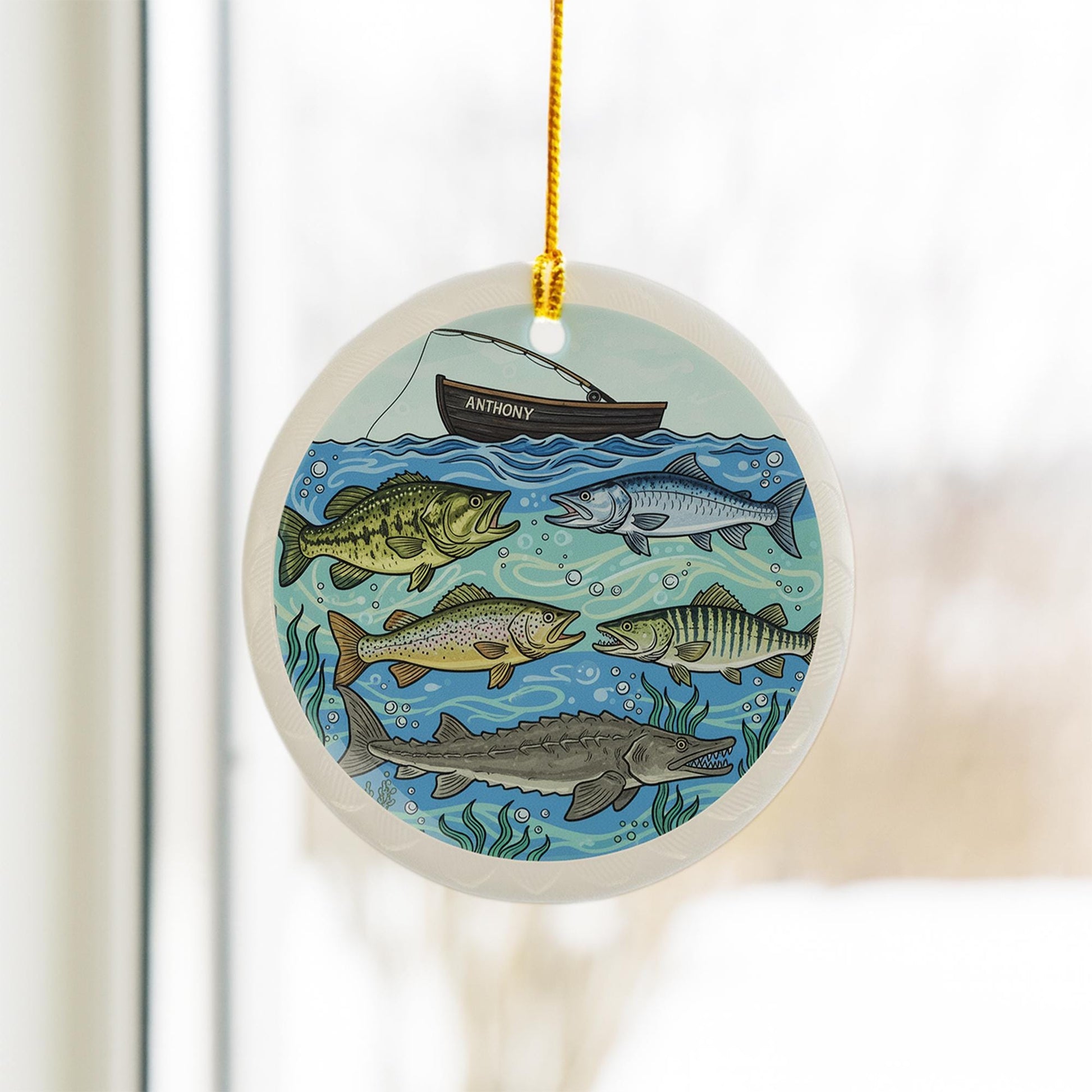 Personalized Ceramic Ornament – Fishing Boat and Freshwater Fish Design Decoration