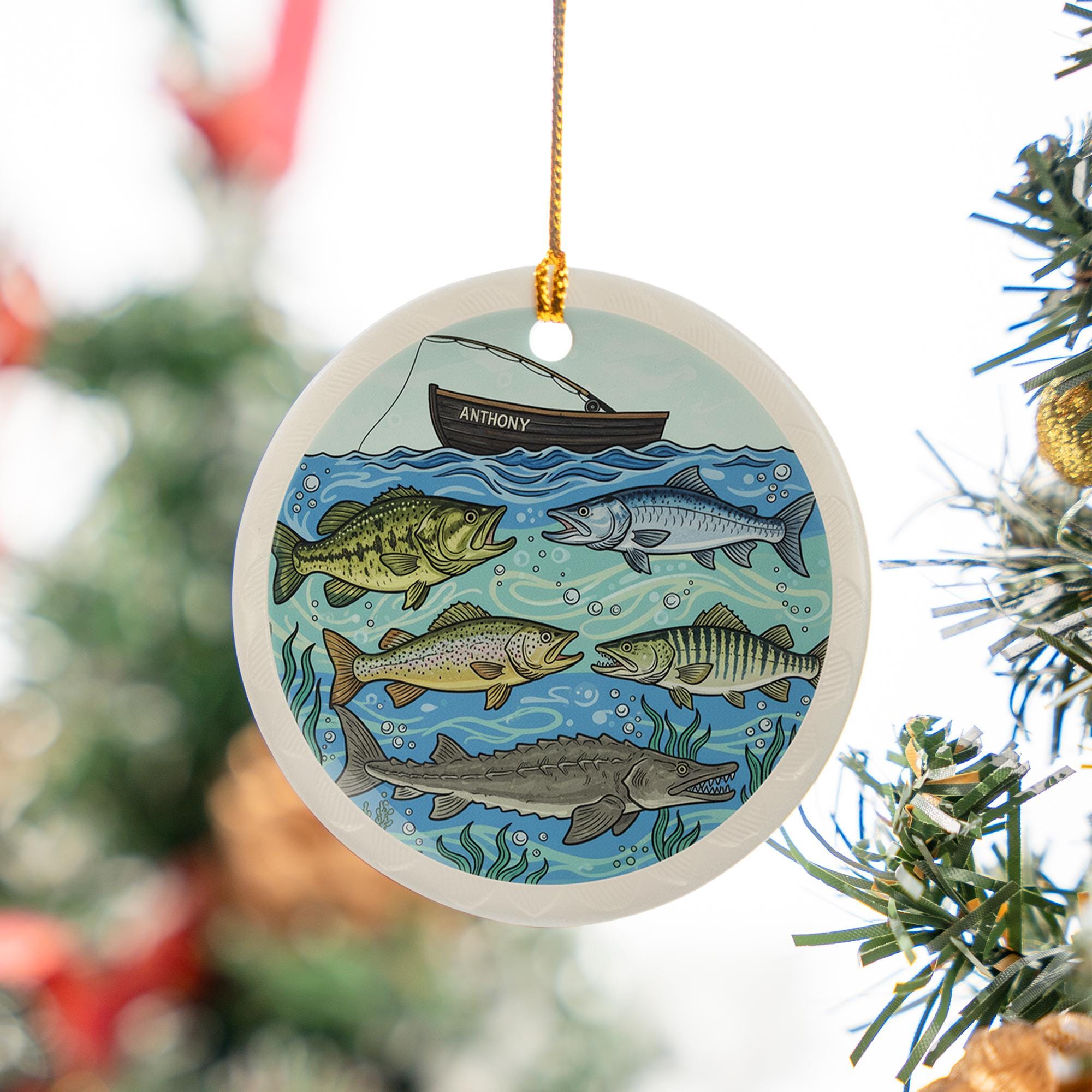 Personalized Ceramic Ornament – Fishing Boat and Freshwater Fish Design Decoration