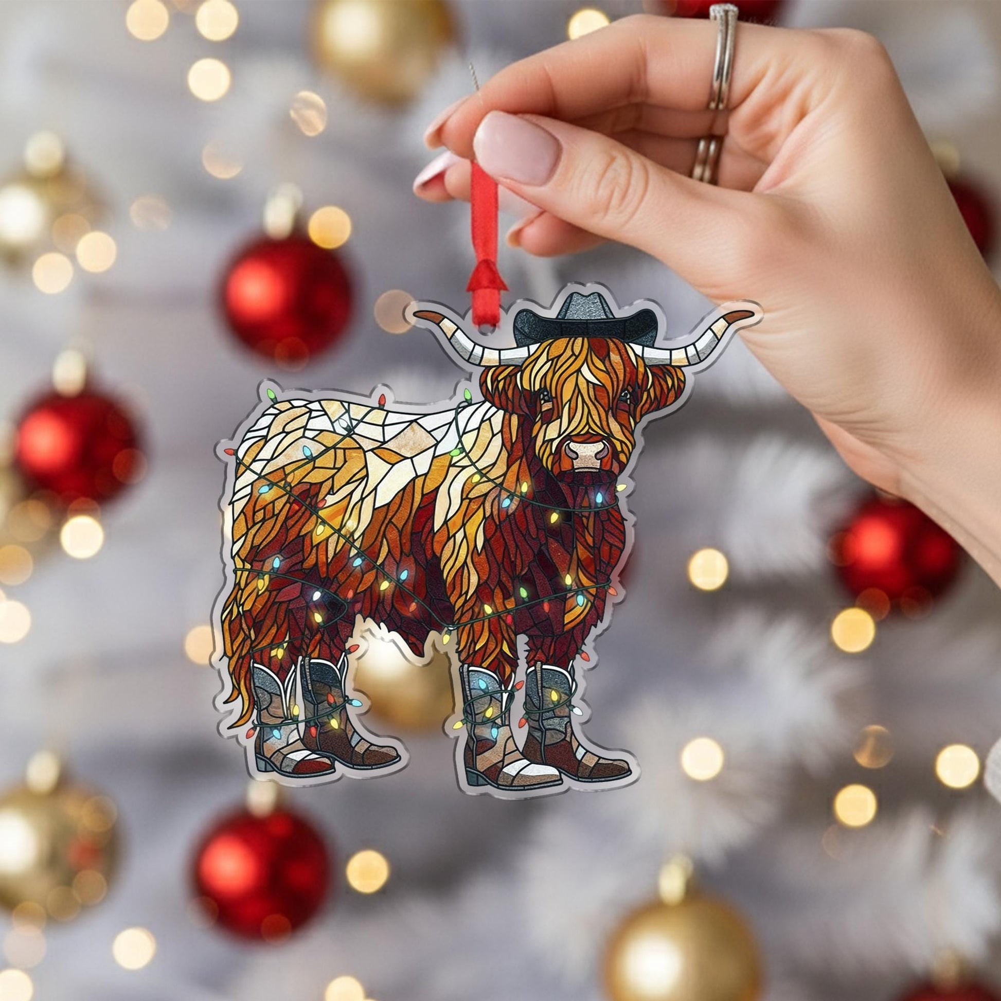Highland Cow Christmas Ornament – Western Cowboy Boot Cow Decoration