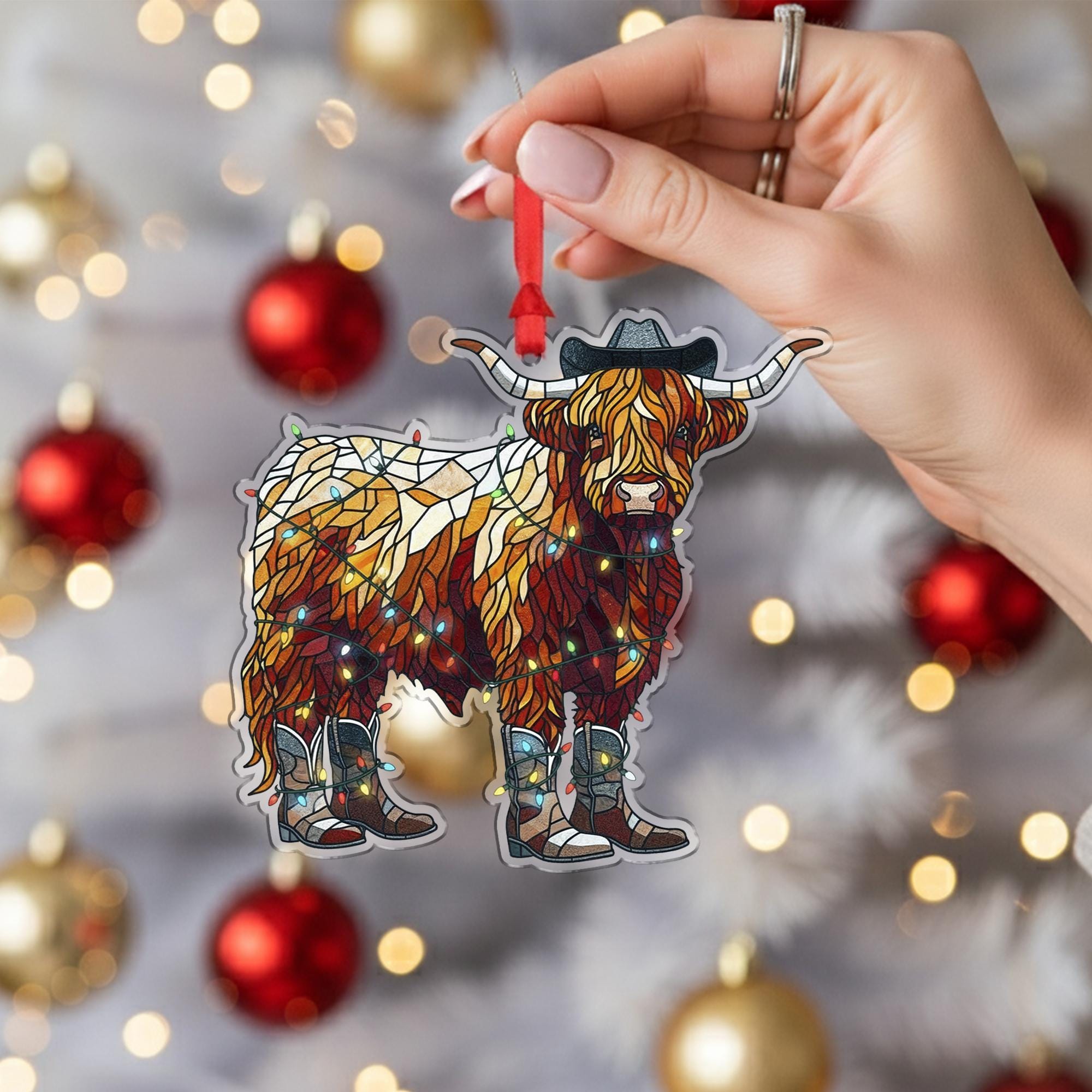 Highland Cow Christmas Ornament – Western Cowboy Boot Cow Decoration