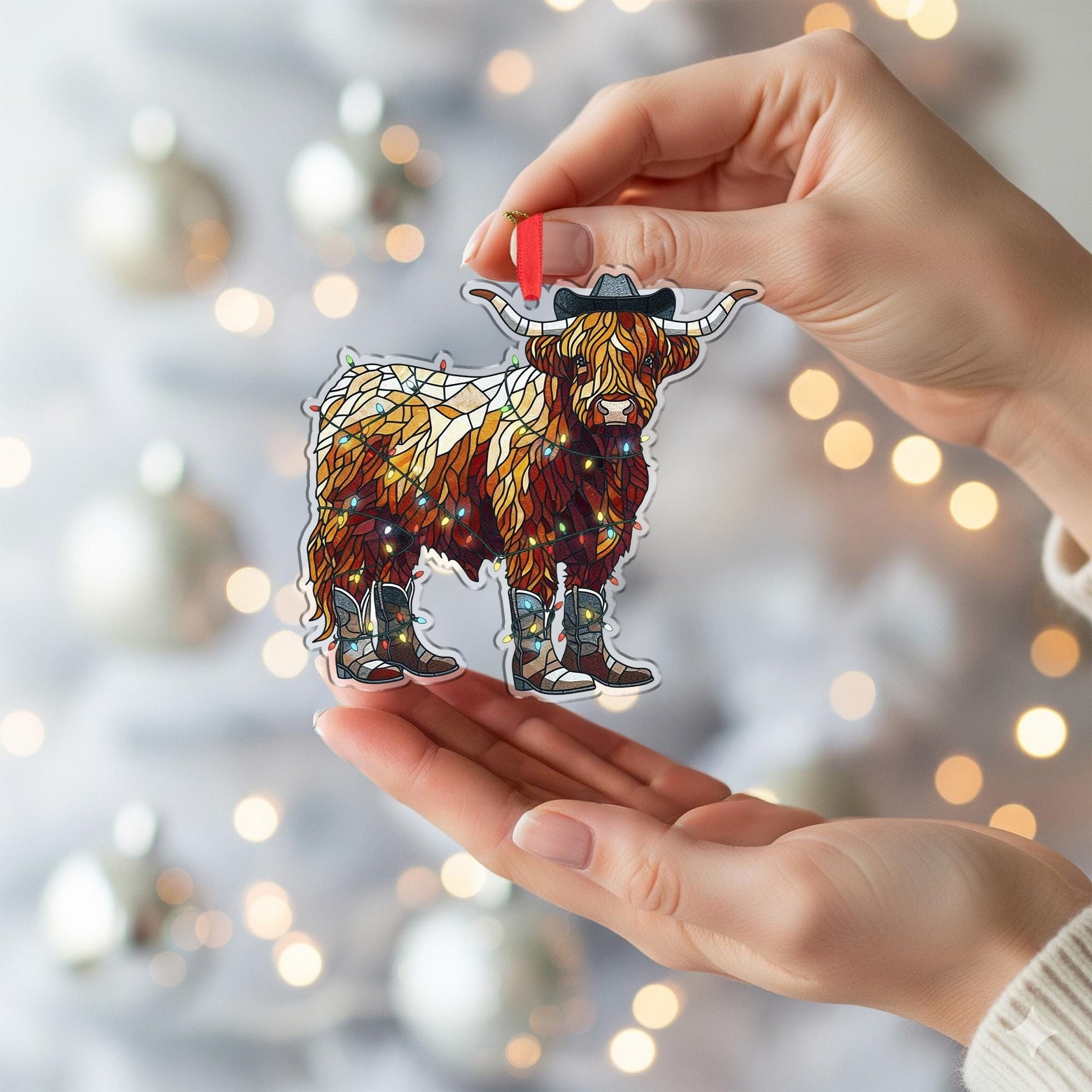 Highland Cow Christmas Ornament – Western Cowboy Boot Cow Decoration