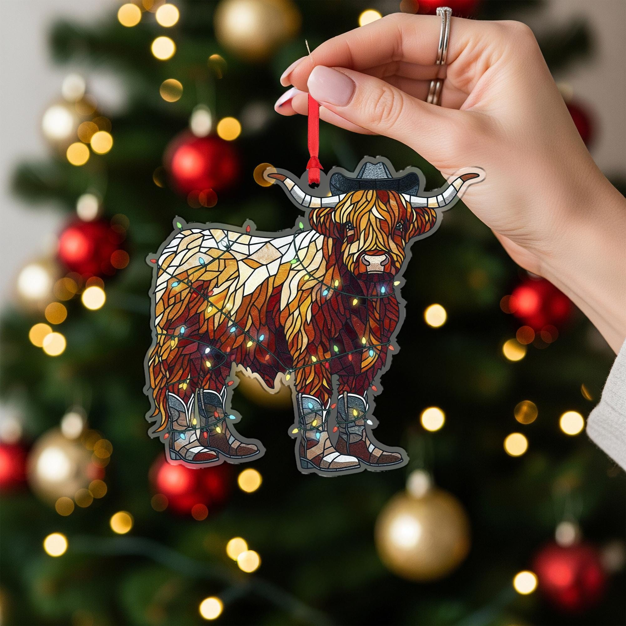 Highland Cow Christmas Ornament – Western Cowboy Boot Cow Decoration