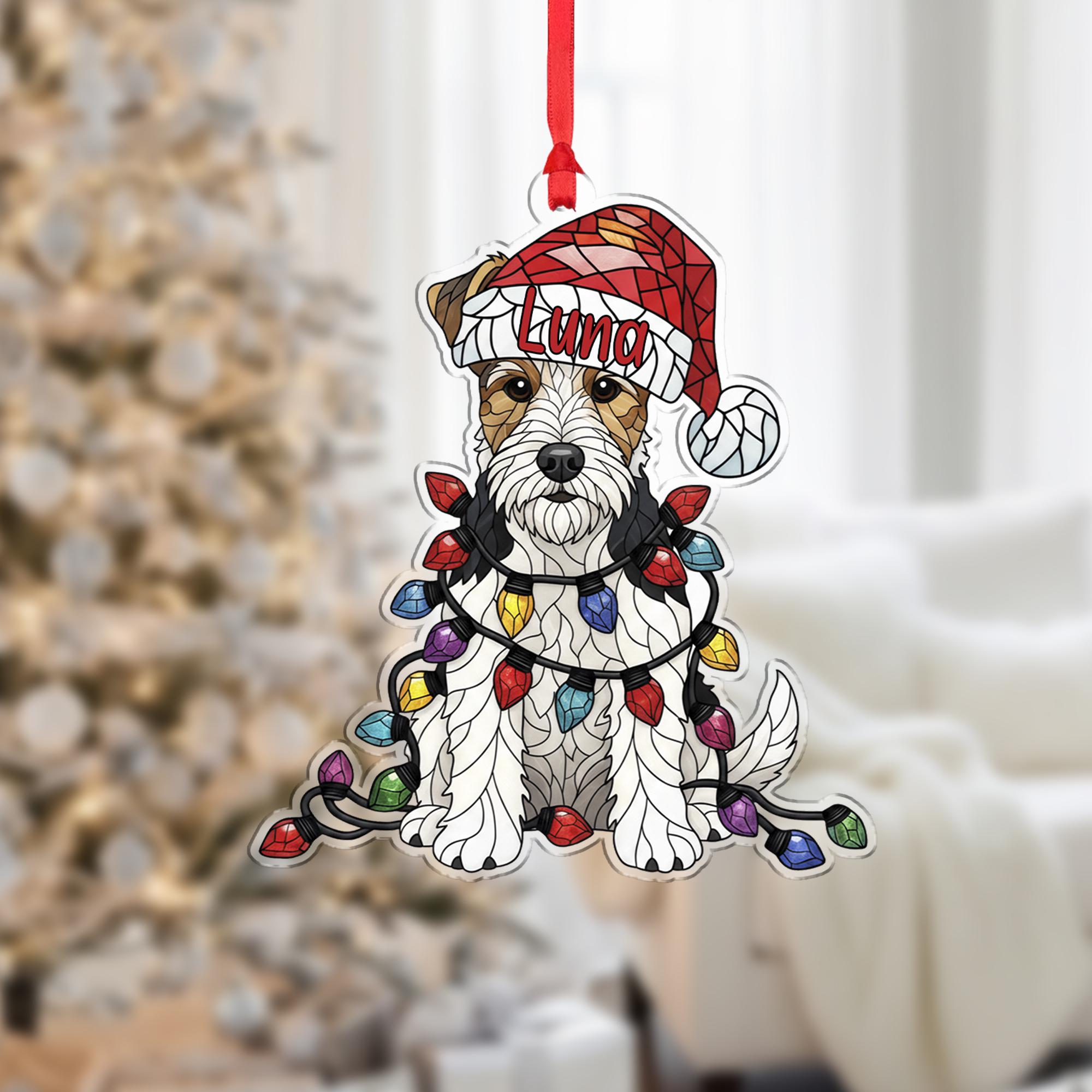 Wire Fox Terrier Ornament – Personalized Dog Christmas Decoration with Santa Hat & Lights