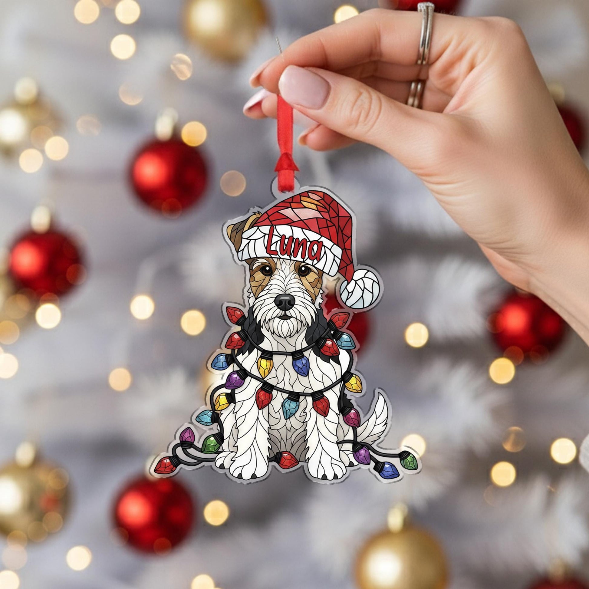 Wire Fox Terrier Ornament – Personalized Dog Christmas Decoration with Santa Hat & Lights
