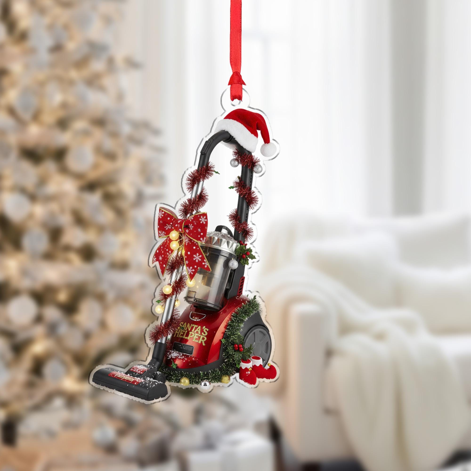 Vacuum Cleaner Christmas Ornament – Holiday Tree Decoration with Santa Hat and Bow
