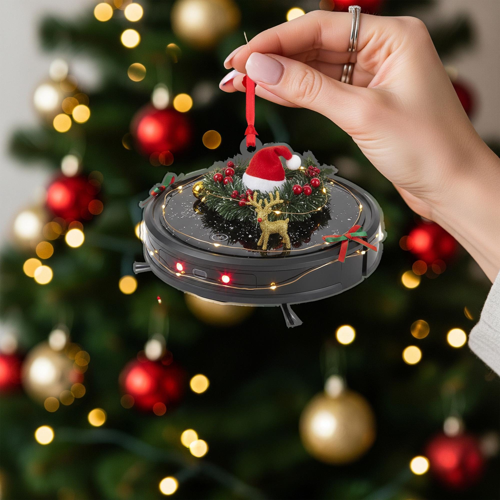 Robot Vacuum Christmas Ornament – Holiday Tree Decoration with Wreath and Santa Hat