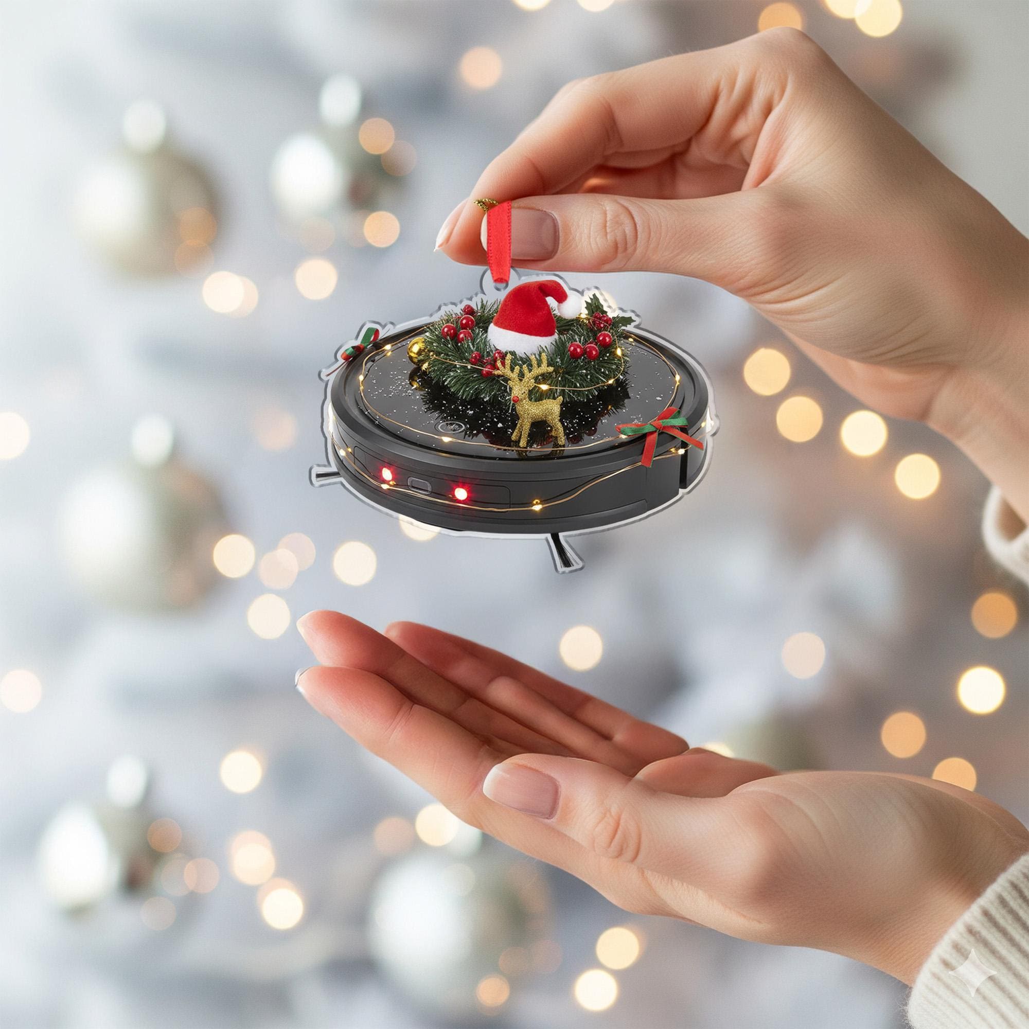 Robot Vacuum Christmas Ornament – Holiday Tree Decoration with Wreath and Santa Hat