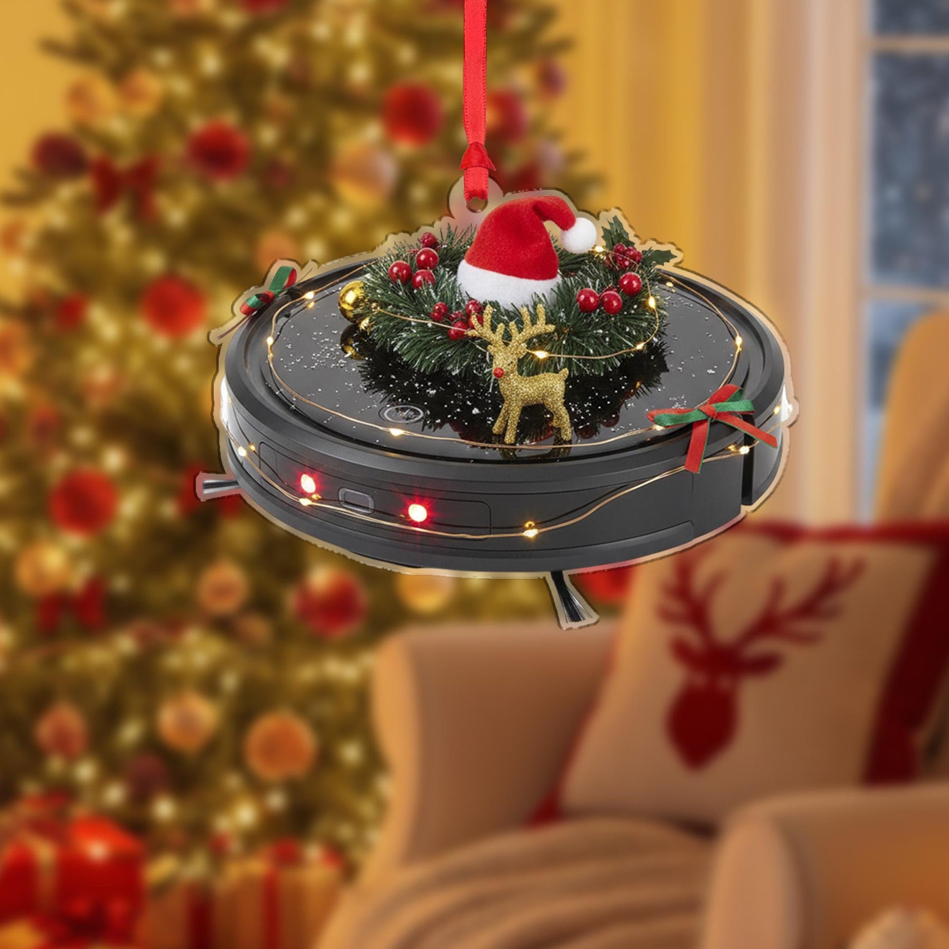 Robot Vacuum Christmas Ornament – Holiday Tree Decoration with Wreath and Santa Hat