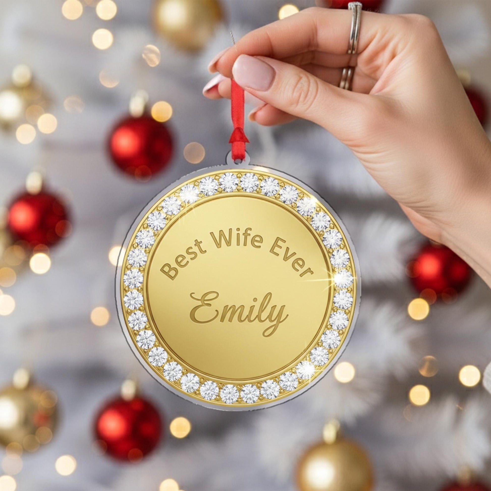 Personalized Gold Christmas Ornament – Round Tree Decoration with Custom Name and Text