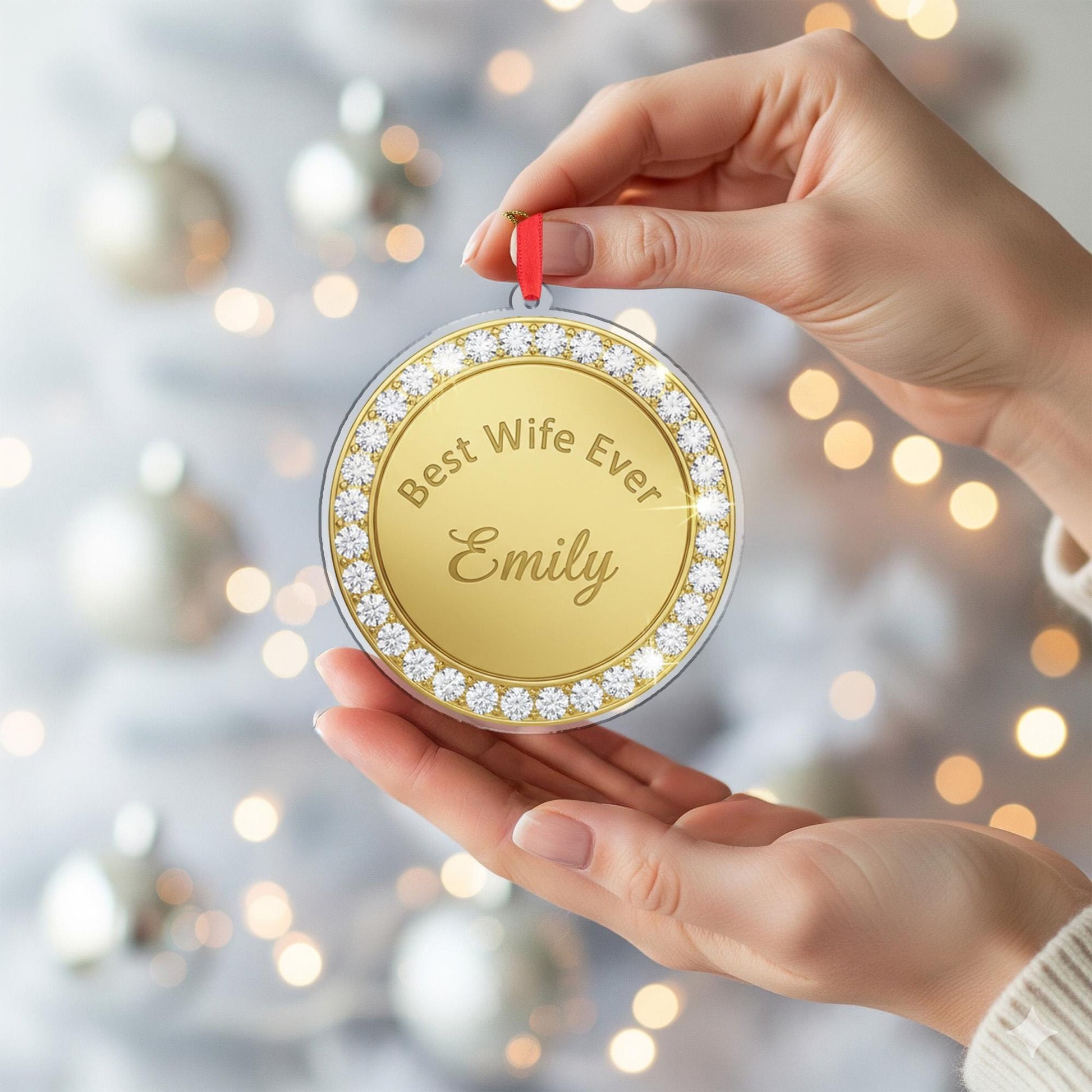 Personalized Gold Christmas Ornament – Round Tree Decoration with Custom Name and Text