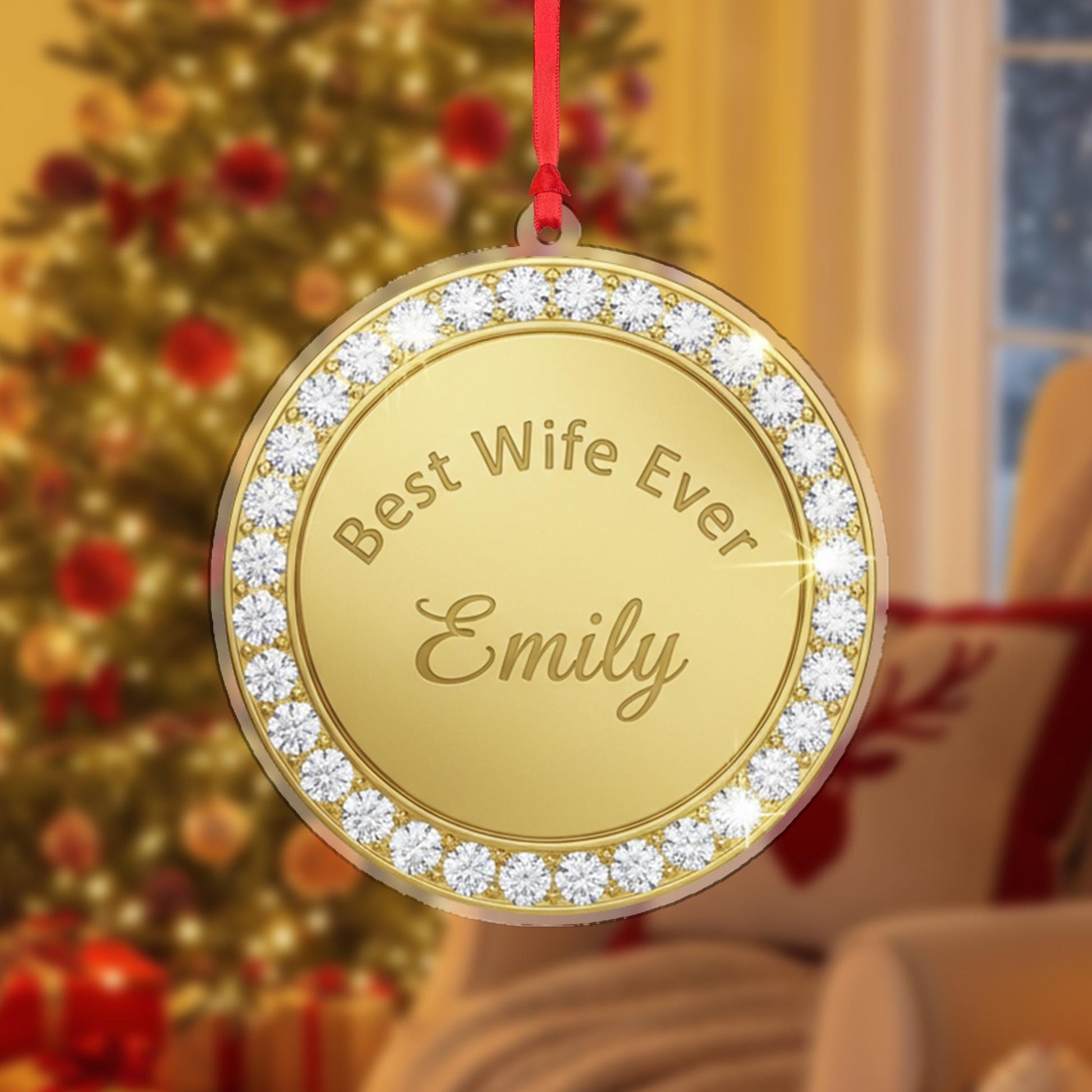 Personalized Gold Christmas Ornament – Round Tree Decoration with Custom Name and Text