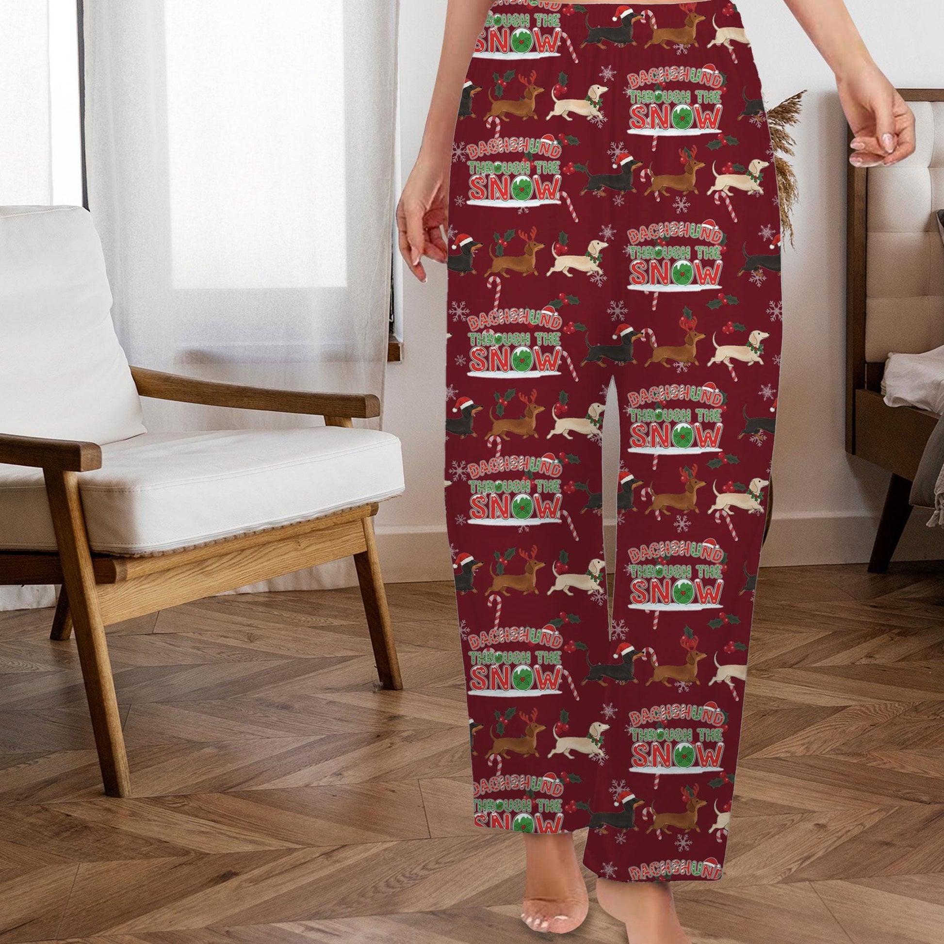 Christmas Pajama Pants: Dachshund Through the Snow Dog Pattern, Holiday Lounge Wear