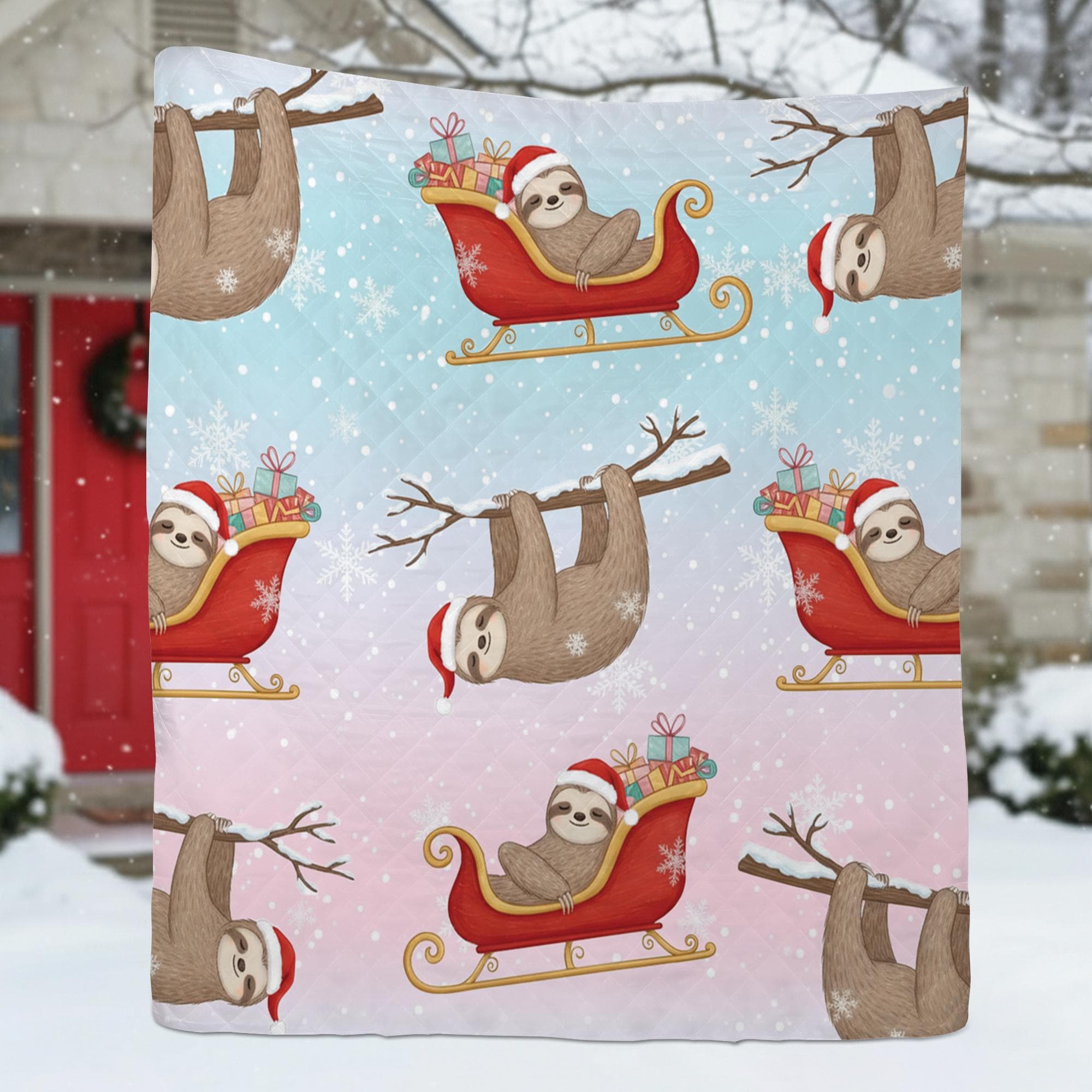 Sloth Christmas Quilt Blanket – Holiday Bedding with Santa Hat and Sleigh Pattern