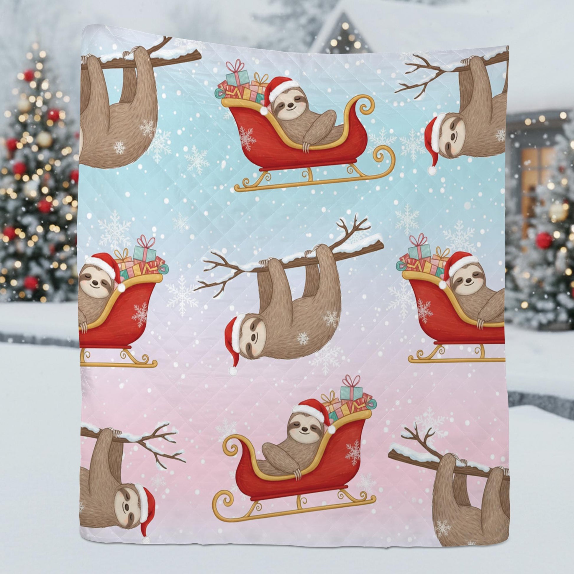 Sloth Christmas Quilt Blanket – Holiday Bedding with Santa Hat and Sleigh Pattern