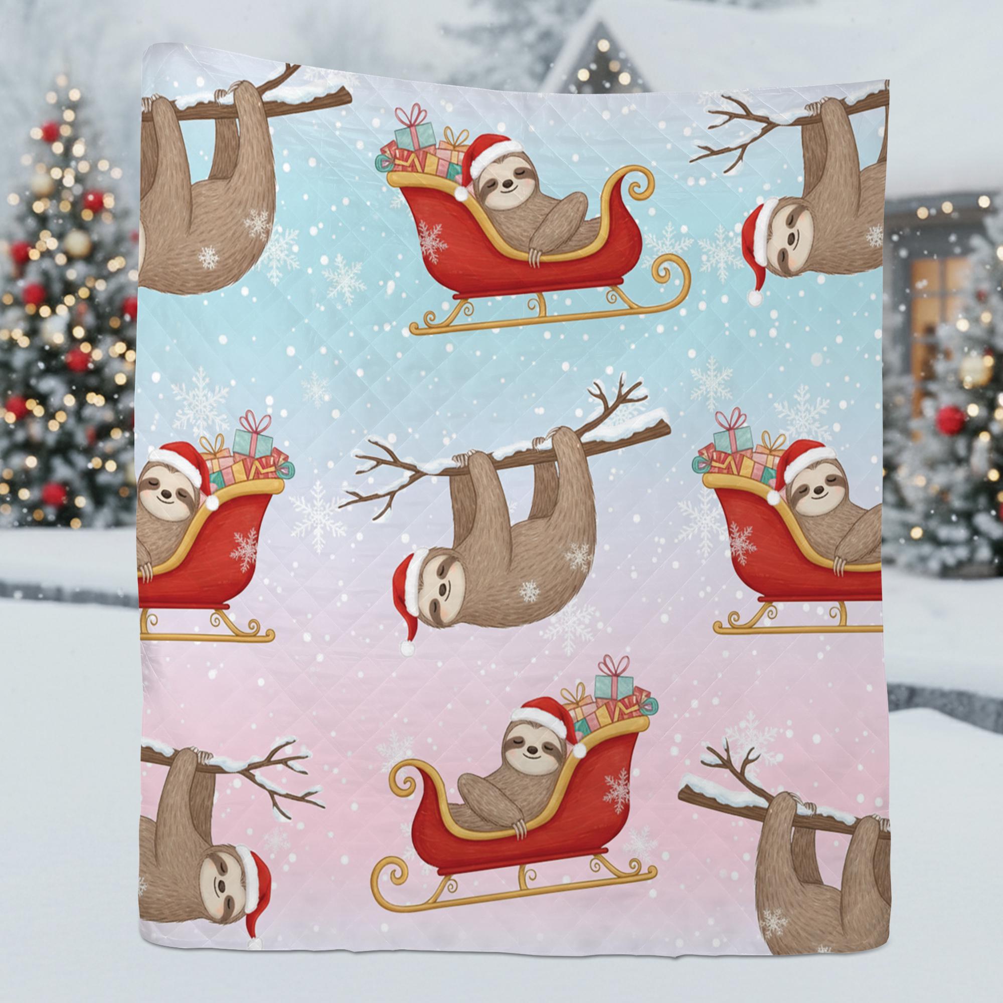 Sloth Christmas Quilt Blanket – Holiday Bedding with Santa Hat and Sleigh Pattern
