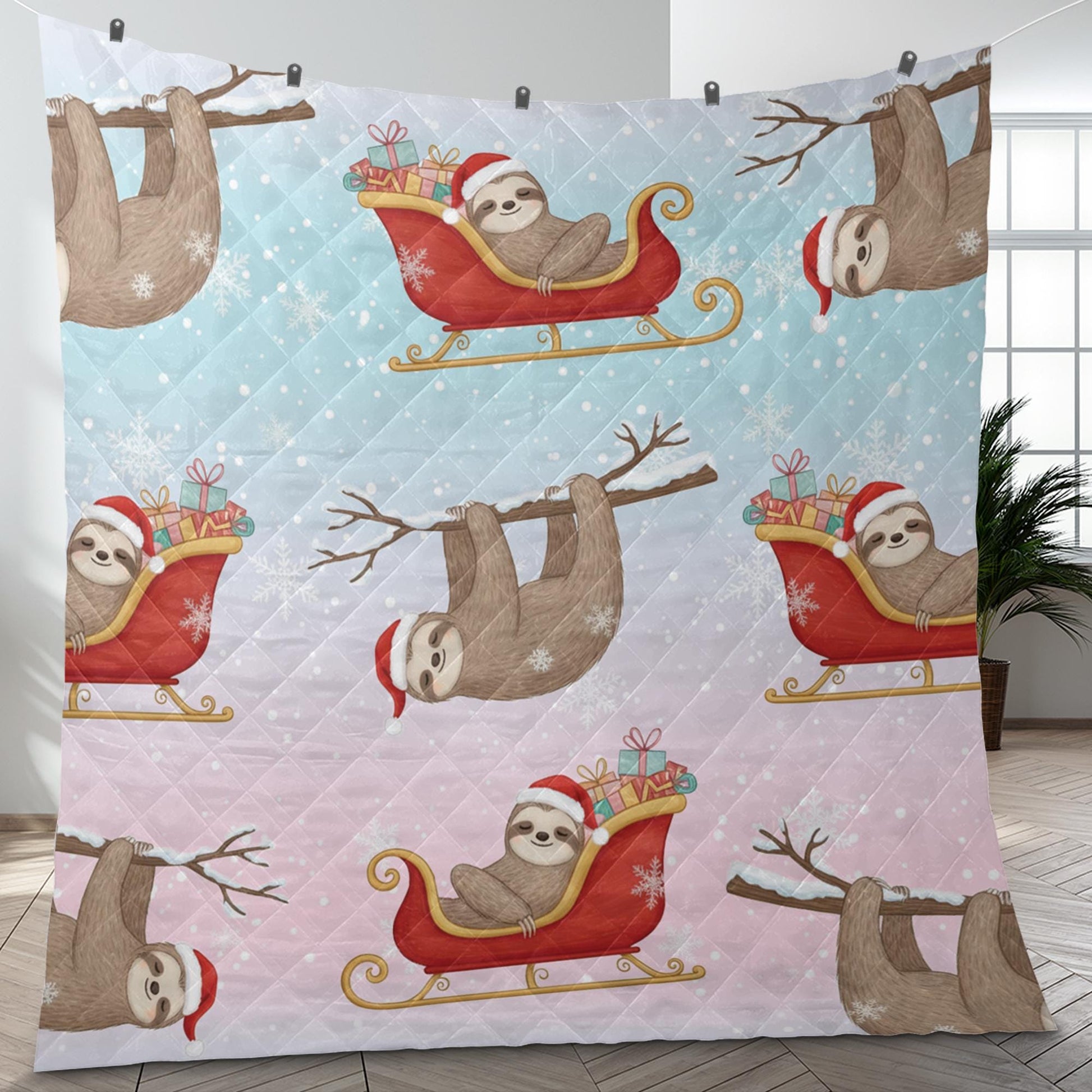 Sloth Christmas Quilt Blanket – Holiday Bedding with Santa Hat and Sleigh Pattern
