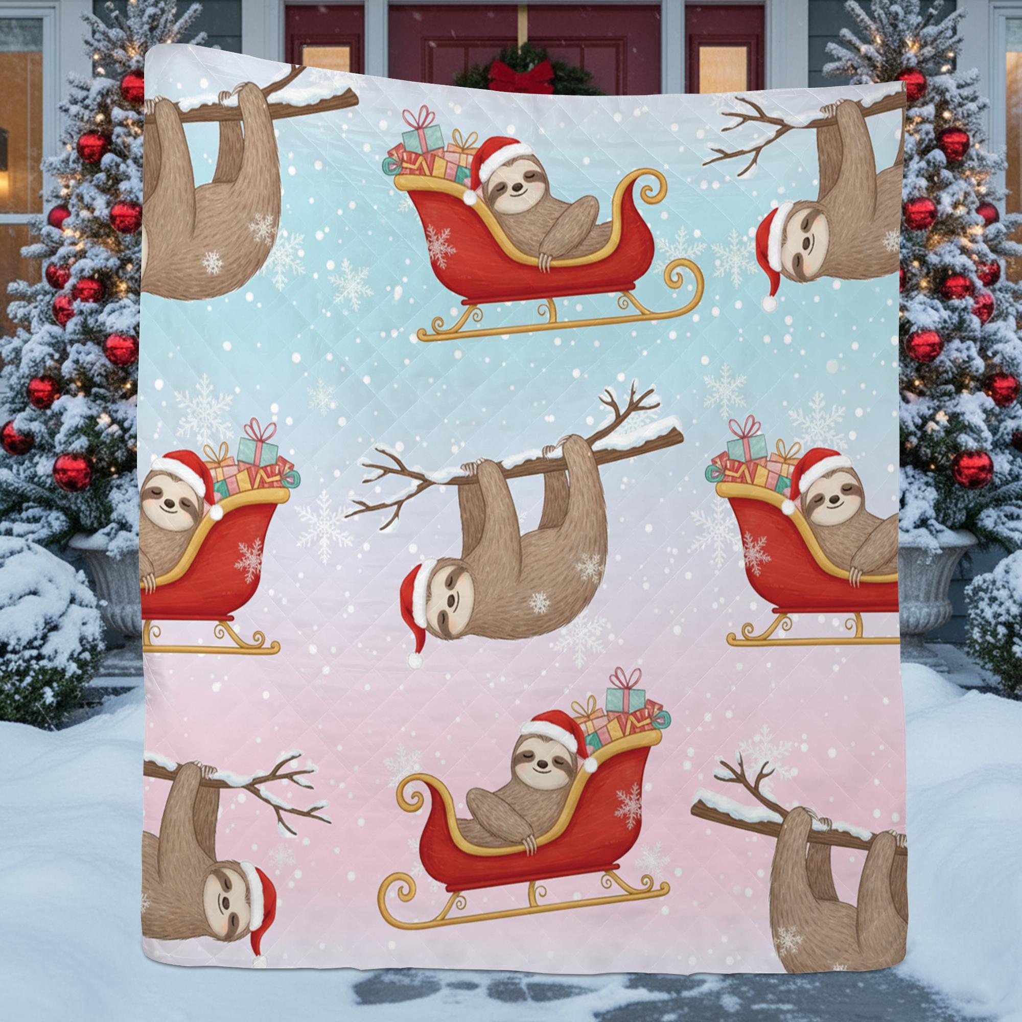 Sloth Christmas Quilt Blanket – Holiday Bedding with Santa Hat and Sleigh Pattern