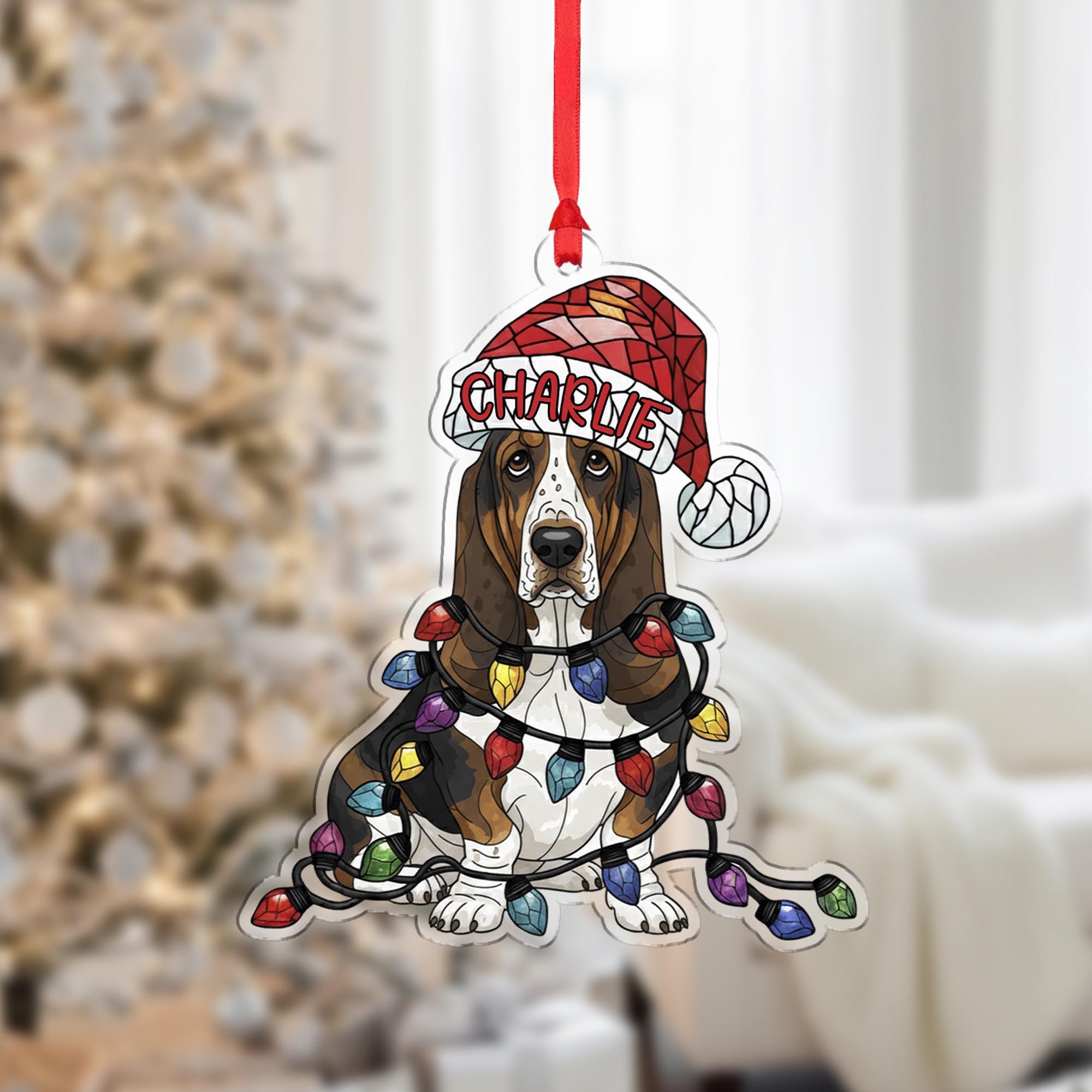 Basset Hound Ornament – Personalized Dog Christmas Decoration with Santa Hat & Lights
