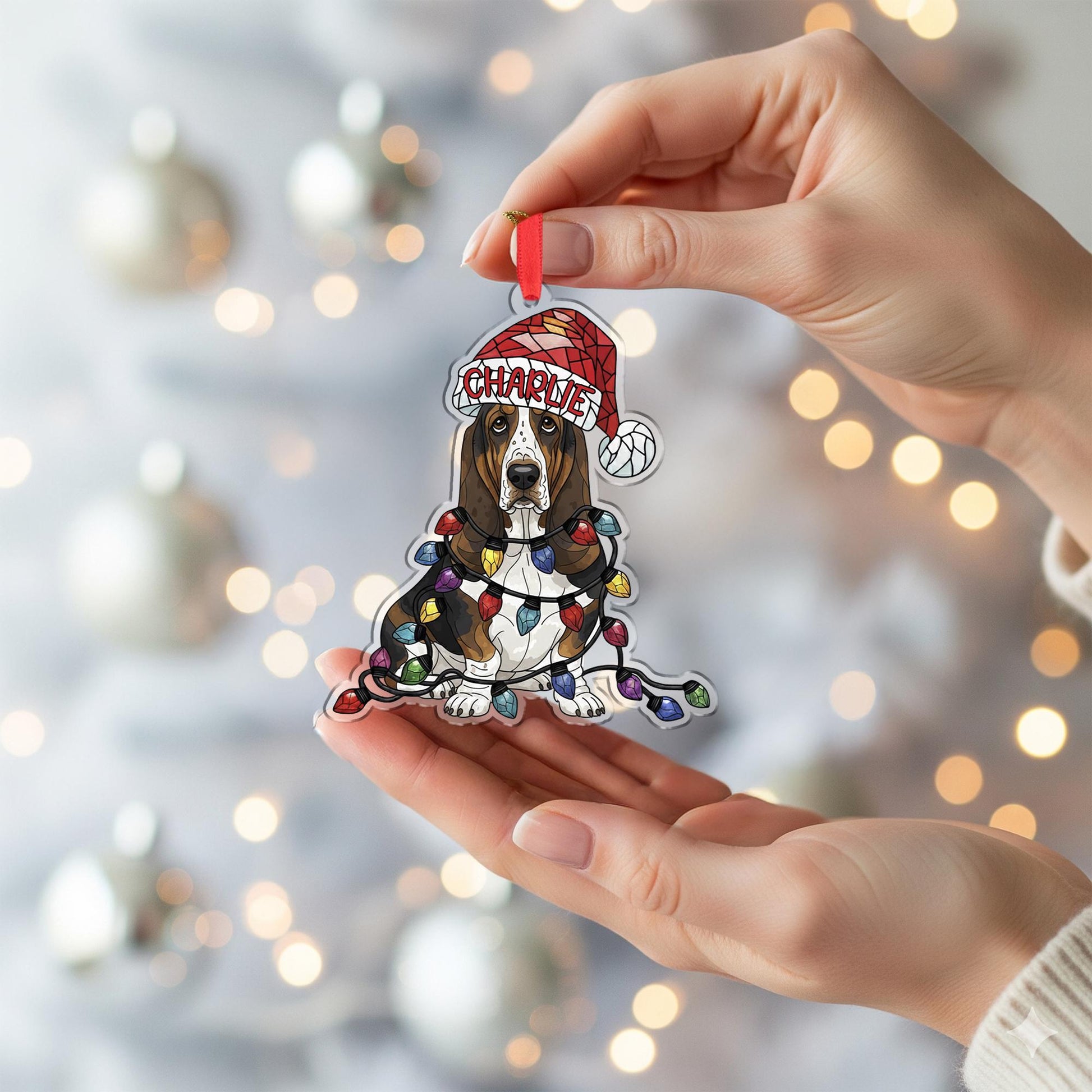 Basset Hound Ornament – Personalized Dog Christmas Decoration with Santa Hat & Lights