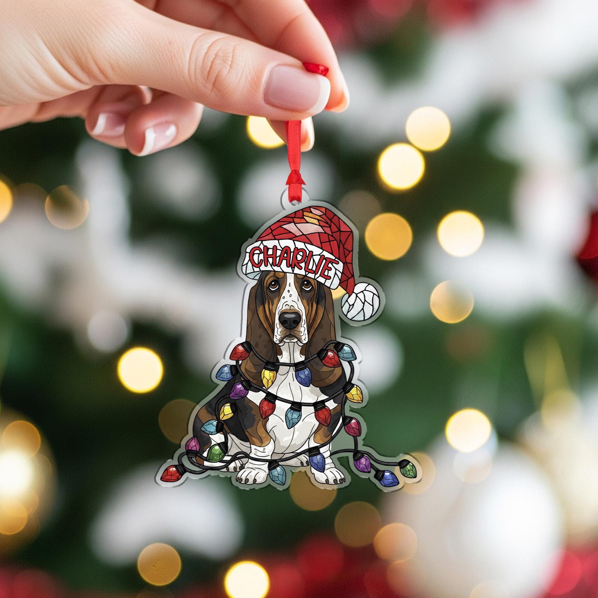 Basset Hound Ornament – Personalized Dog Christmas Decoration with Santa Hat & Lights