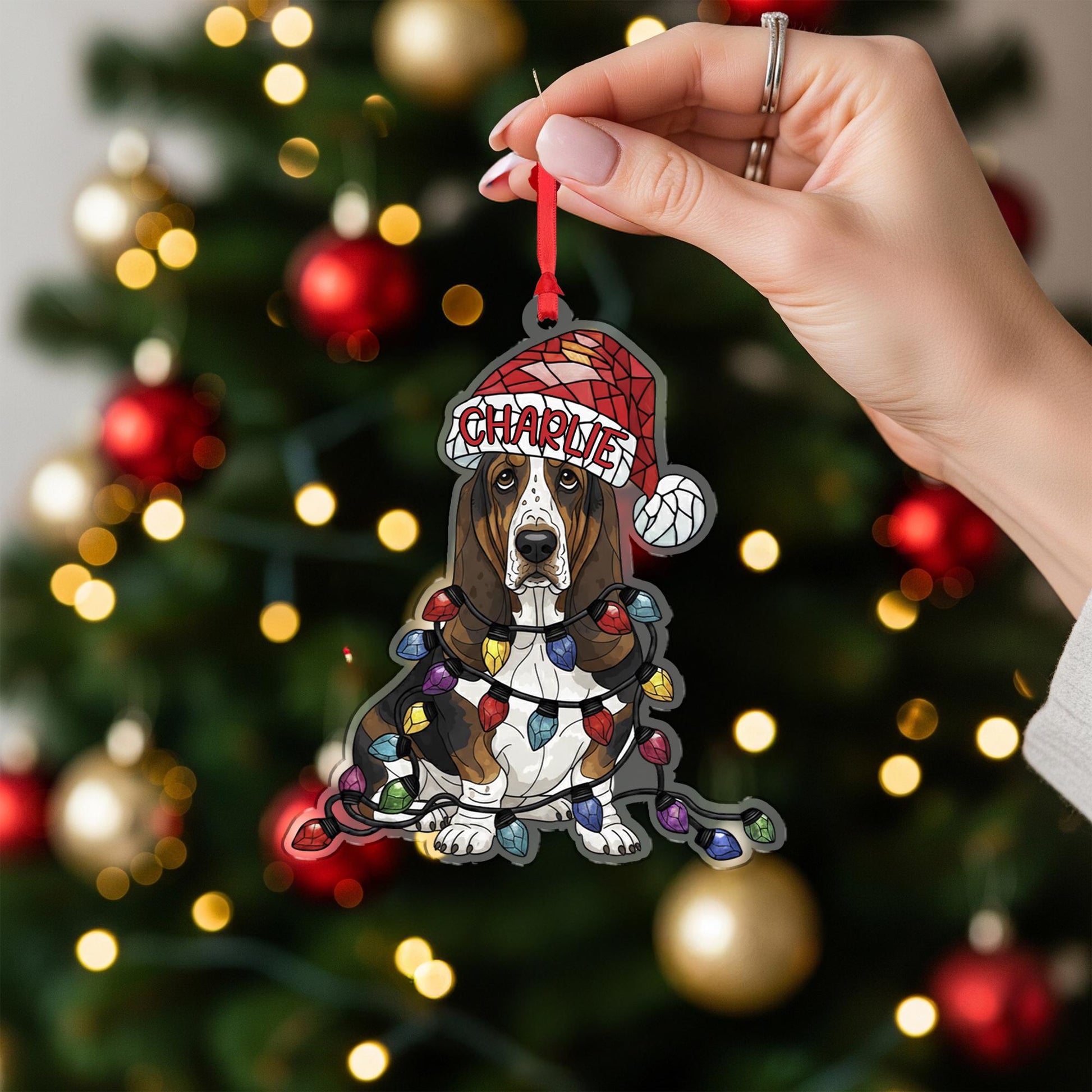 Basset Hound Ornament – Personalized Dog Christmas Decoration with Santa Hat & Lights